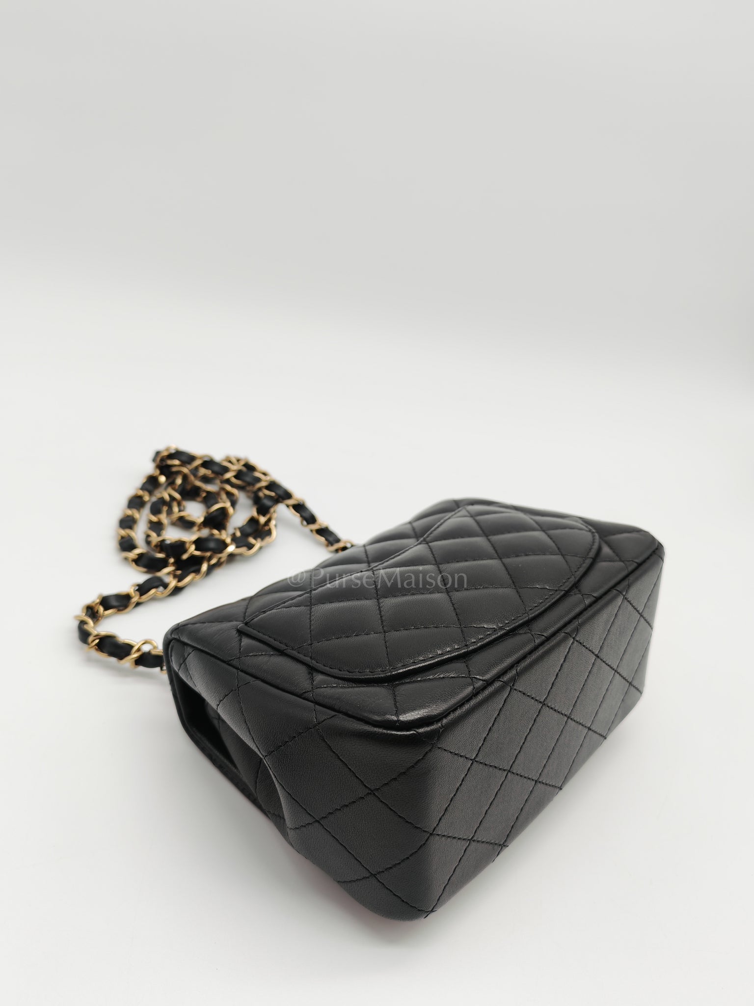 Mini Square in Black Quilted Lambskin Leather and Light Gold Hardware (Microchip) | Purse Maison Luxury Bags Shop