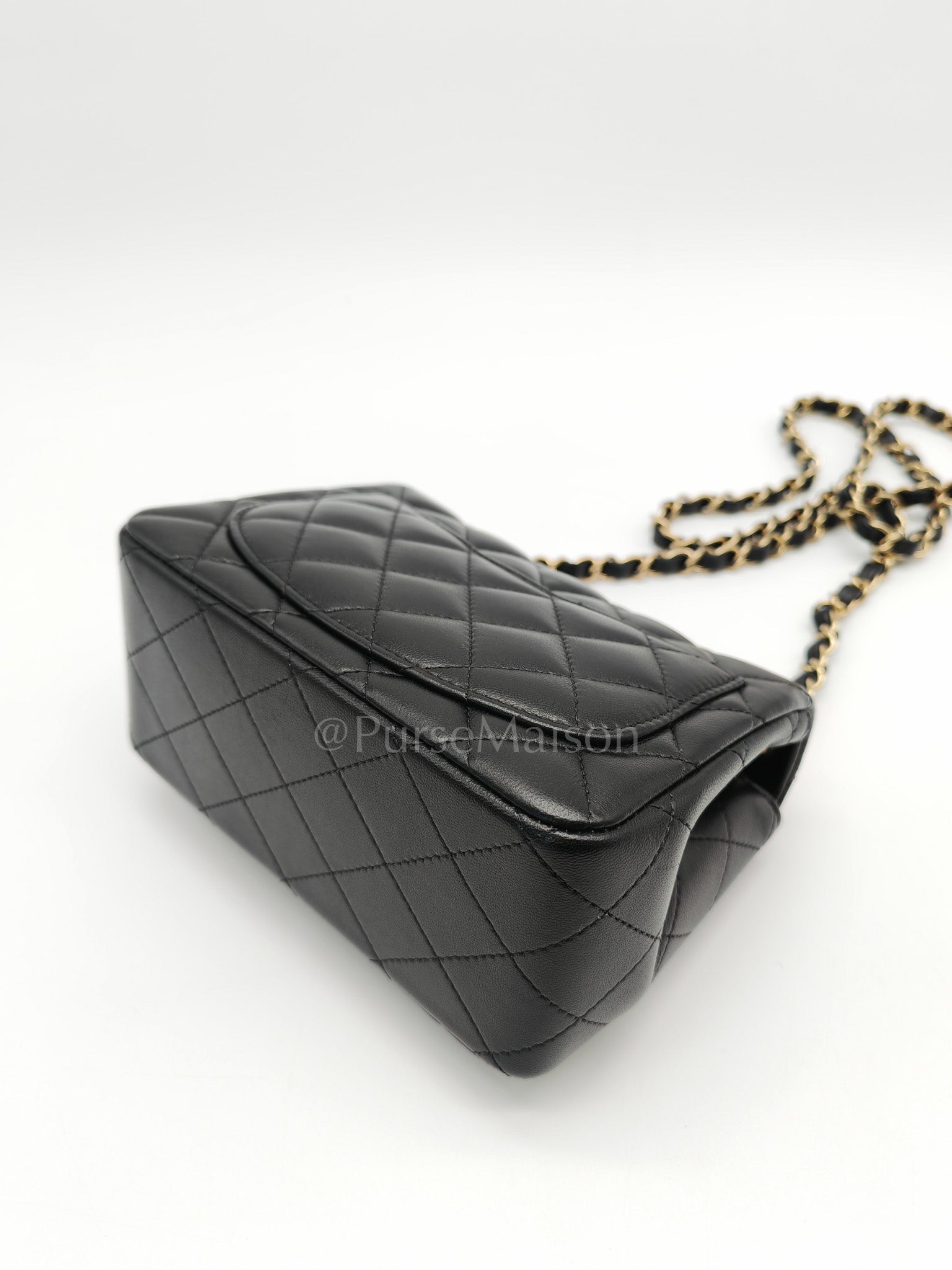 Mini Square in Black Quilted Lambskin Leather and Light Gold Hardware (Microchip) | Purse Maison Luxury Bags Shop