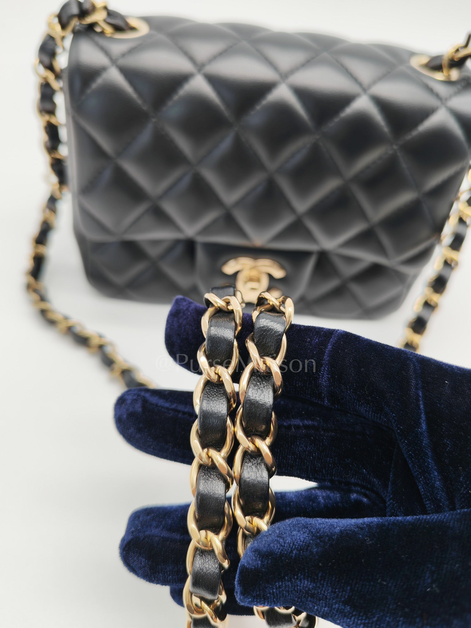 Mini Square in Black Quilted Lambskin Leather and Light Gold Hardware (Microchip) | Purse Maison Luxury Bags Shop