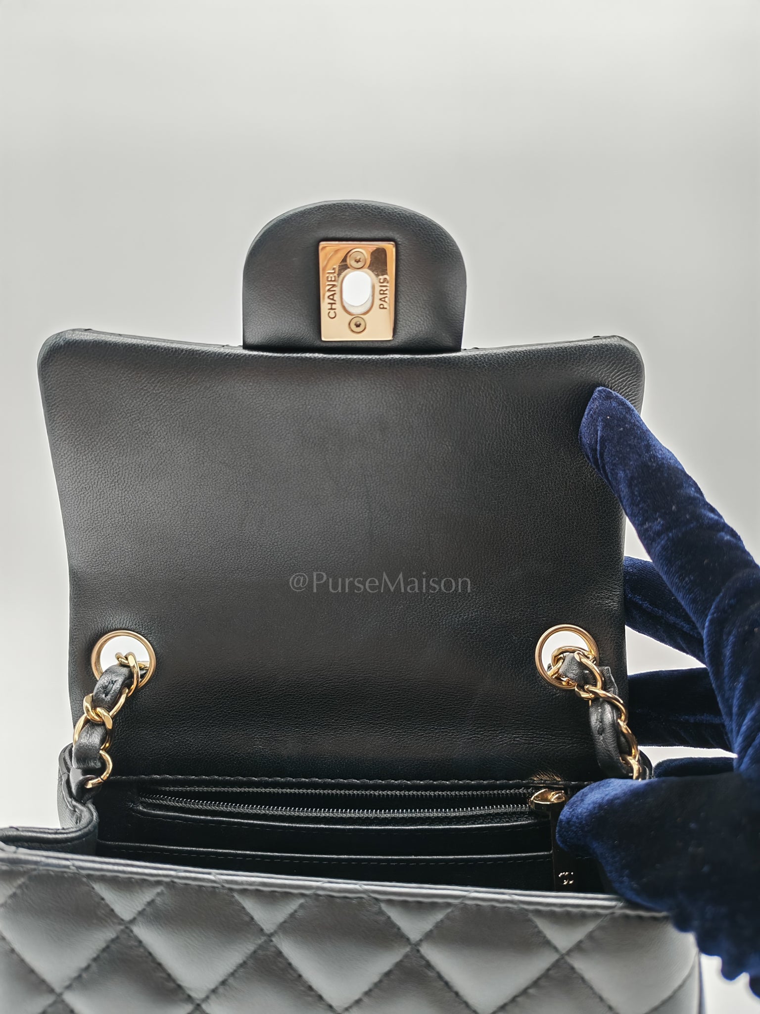Mini Square in Black Quilted Lambskin Leather and Light Gold Hardware (Microchip) | Purse Maison Luxury Bags Shop