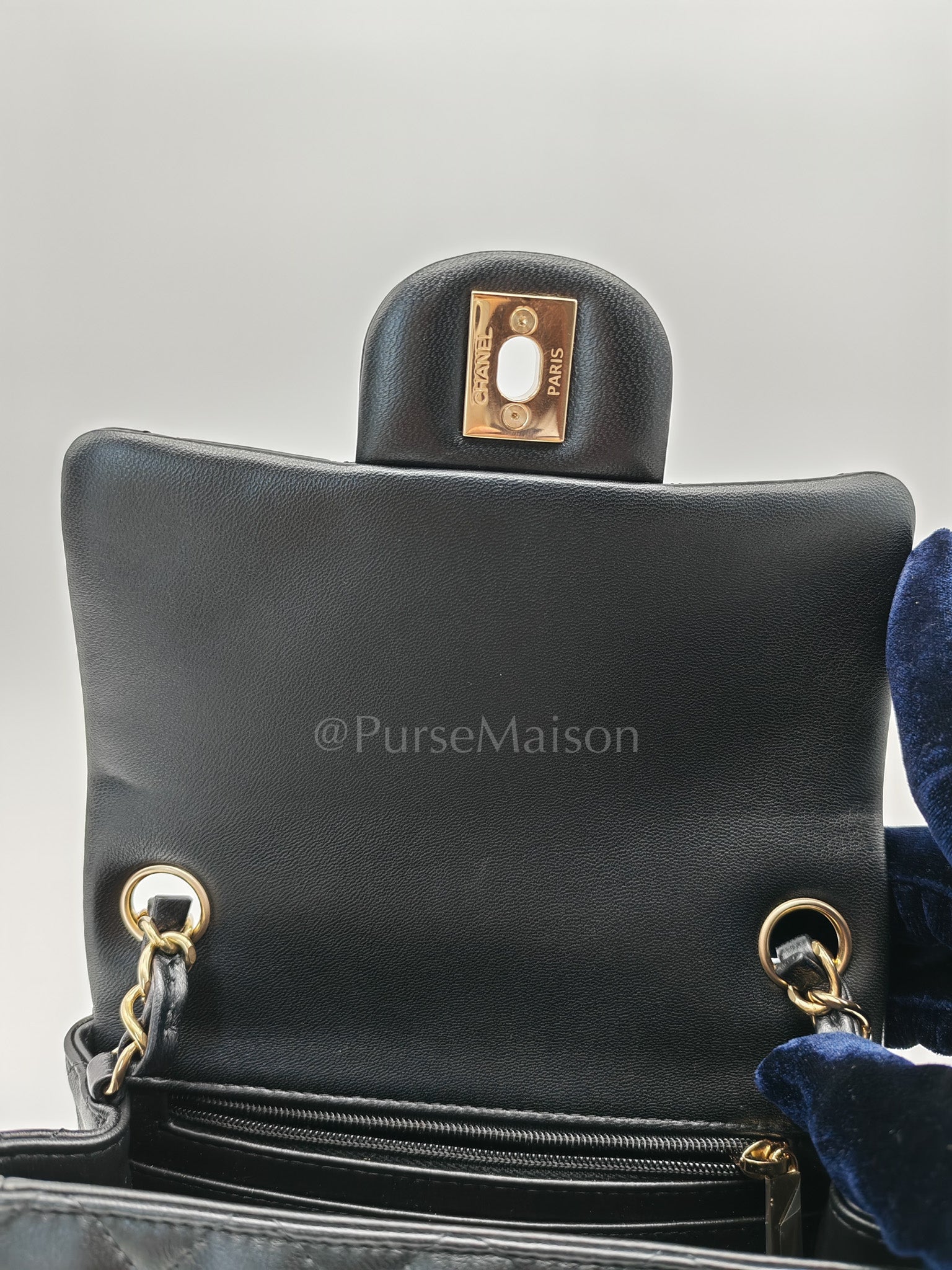 Mini Square in Black Quilted Lambskin Leather and Light Gold Hardware (Microchip) | Purse Maison Luxury Bags Shop