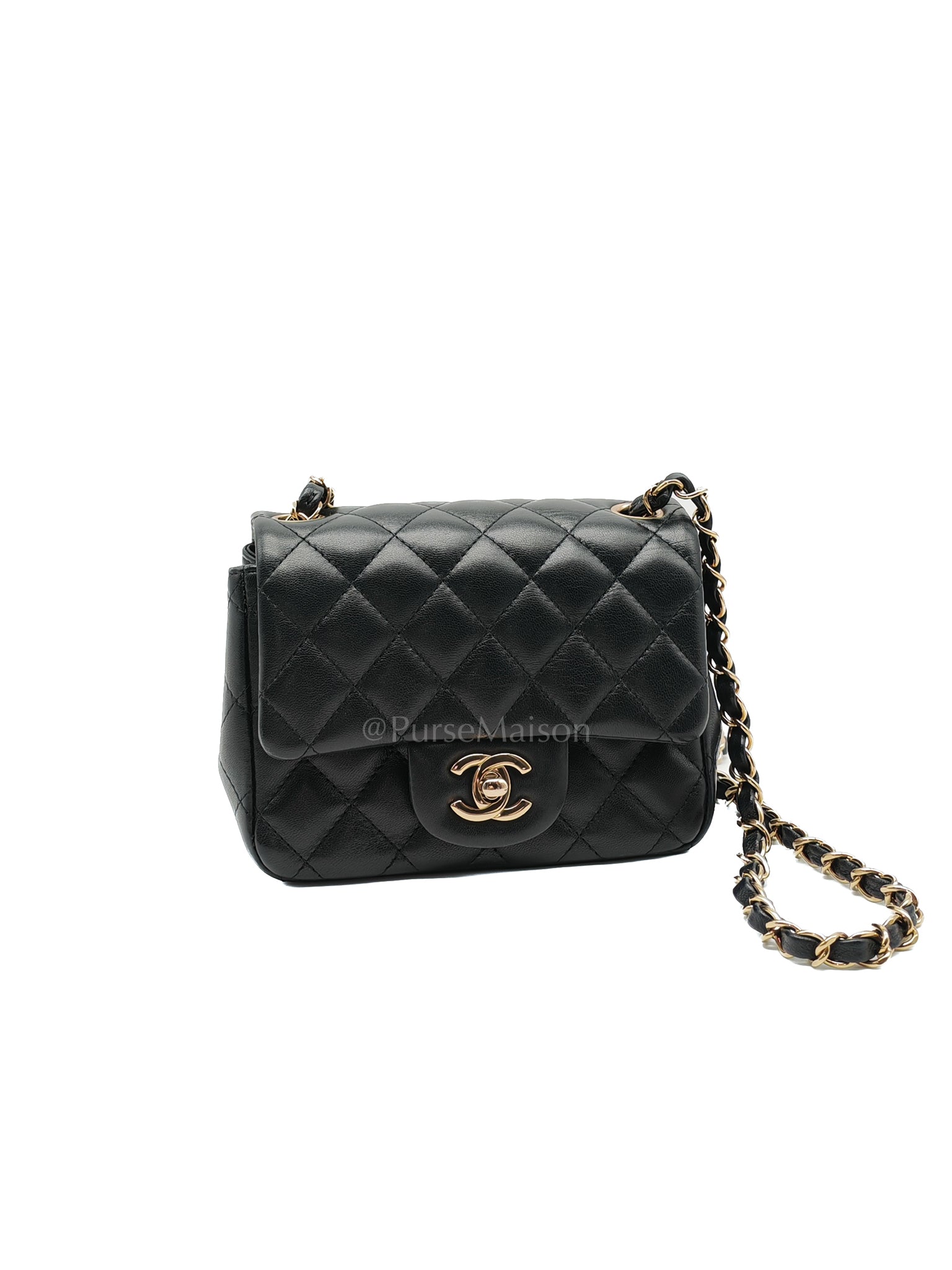 Mini Square in Black Quilted Lambskin Leather and Light Gold Hardware (Microchip) | Purse Maison Luxury Bags Shop