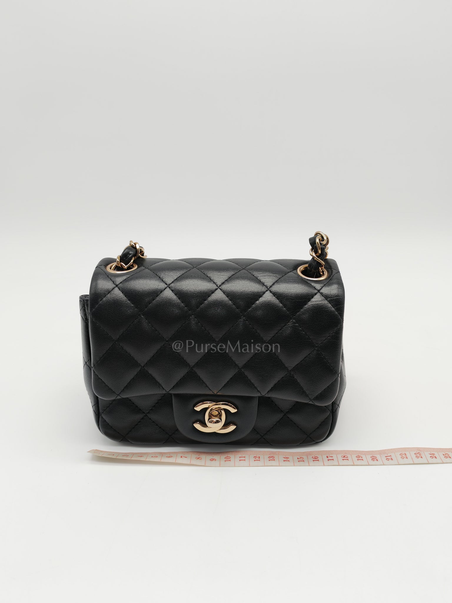 Mini Square in Black Quilted Lambskin Leather and Light Gold Hardware (Microchip) | Purse Maison Luxury Bags Shop