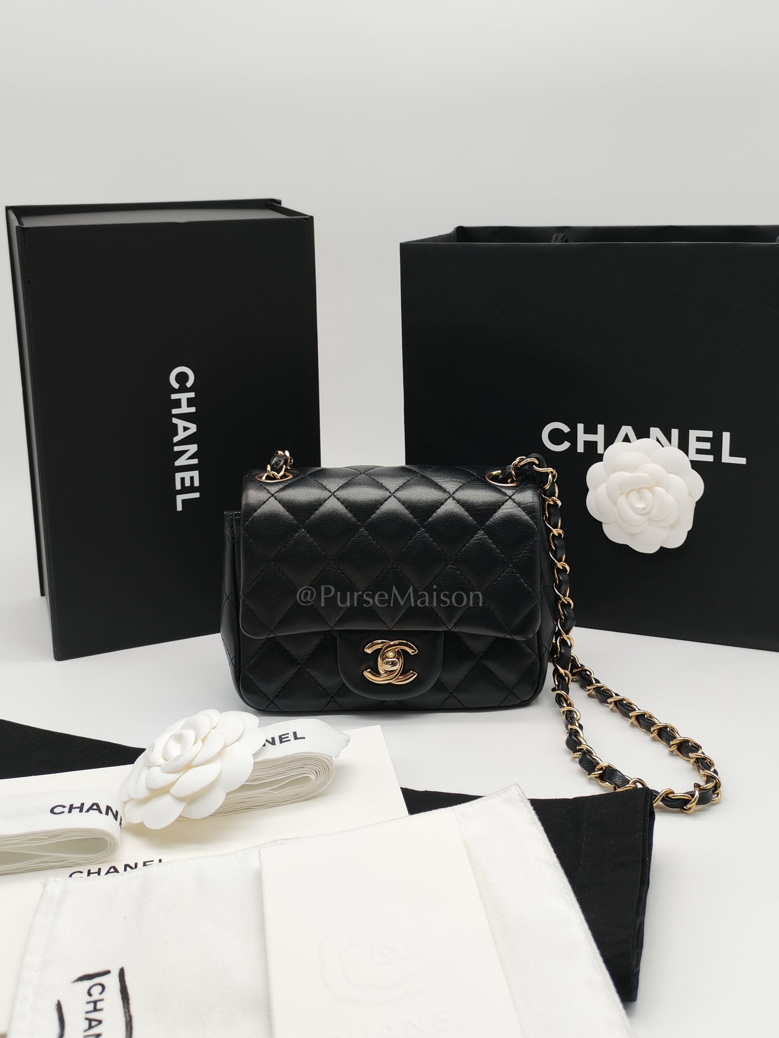 Mini Square in Black Quilted Lambskin Leather and Light Gold Hardware (Microchip) | Purse Maison Luxury Bags Shop