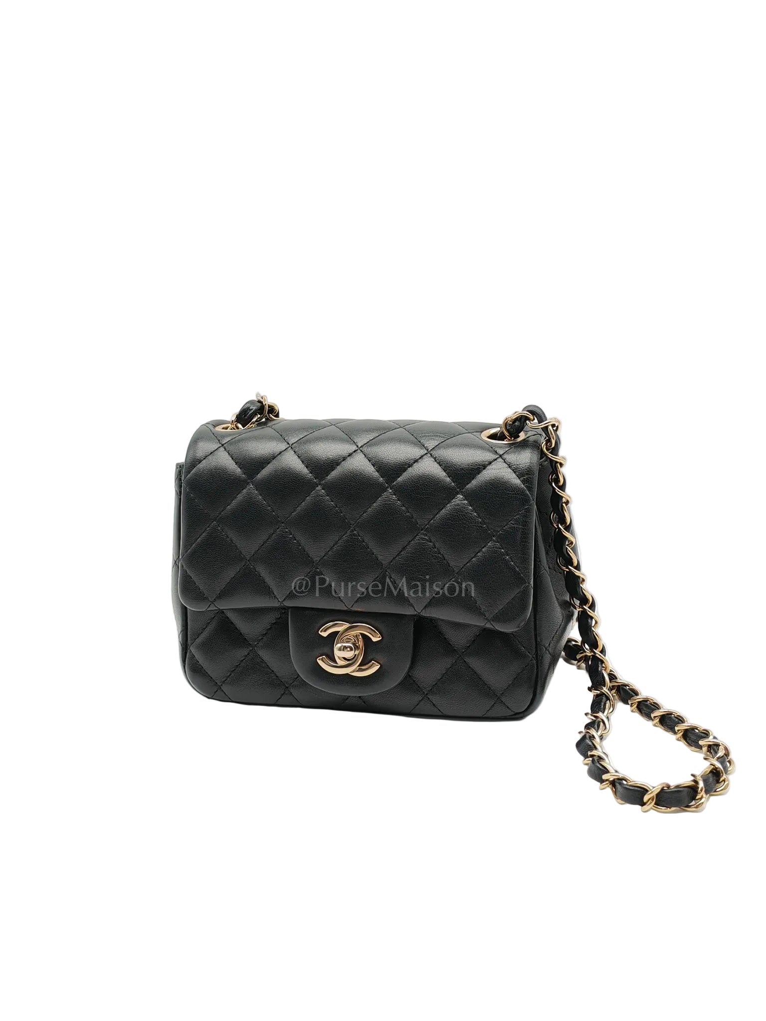 Mini Square in Black Quilted Lambskin Leather and Light Gold Hardware (Microchip) | Purse Maison Luxury Bags Shop