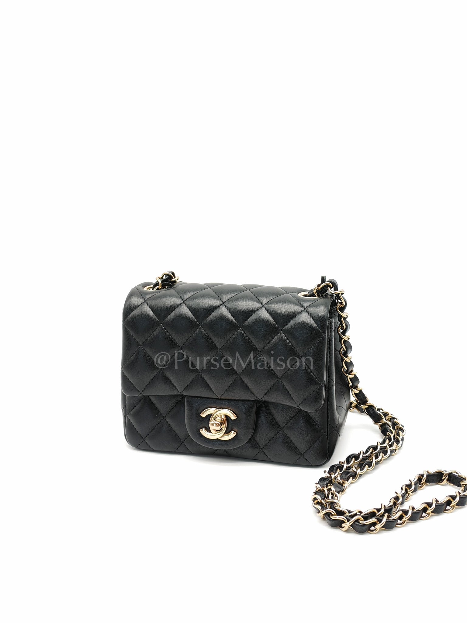 Mini Square in Black Quilted Lambskin Leather and Light Gold Hardware (Microchip) | Purse Maison Luxury Bags Shop