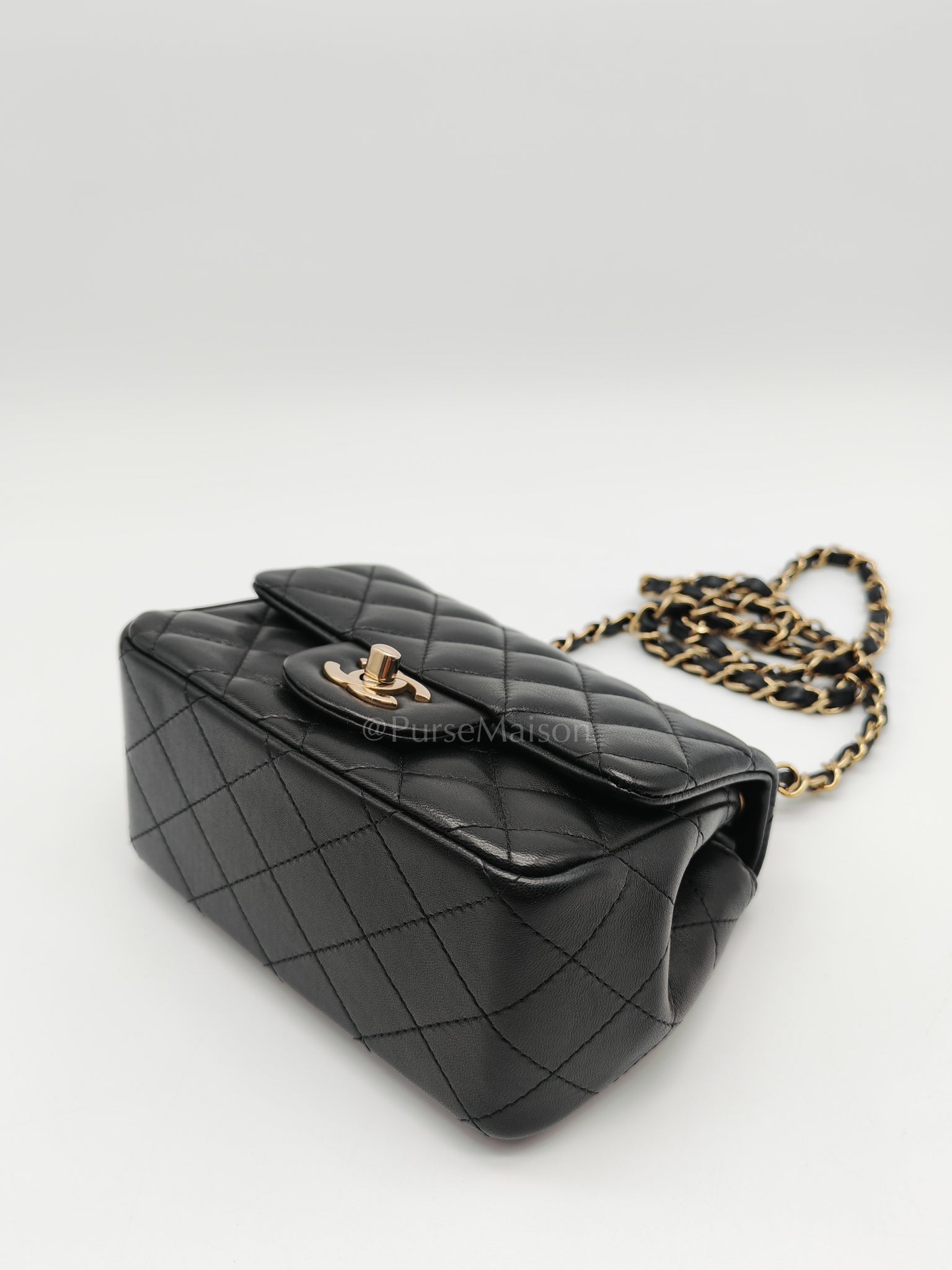 Mini Square in Black Quilted Lambskin Leather and Light Gold Hardware (Microchip) | Purse Maison Luxury Bags Shop