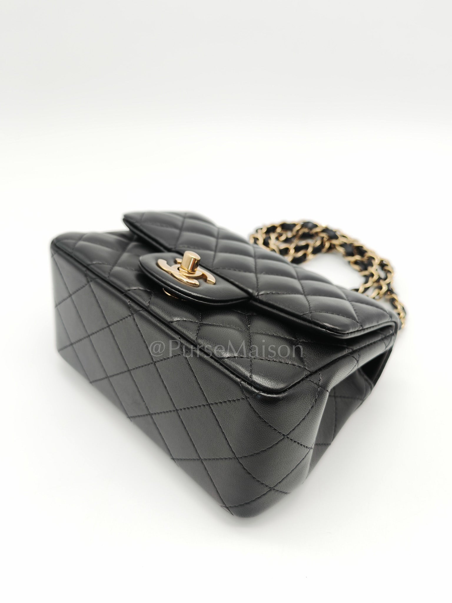 Mini Square in Black Quilted Lambskin Leather and Light Gold Hardware (Microchip) | Purse Maison Luxury Bags Shop