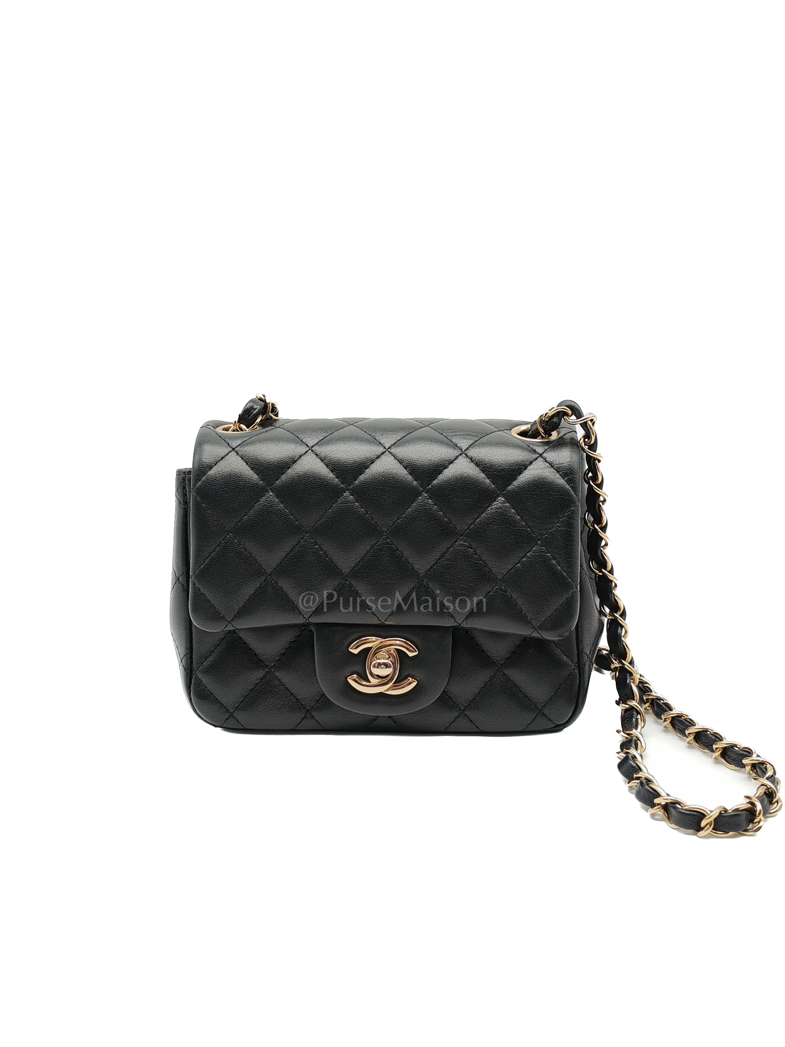 Mini Square in Black Quilted Lambskin Leather and Light Gold Hardware (Microchip) | Purse Maison Luxury Bags Shop