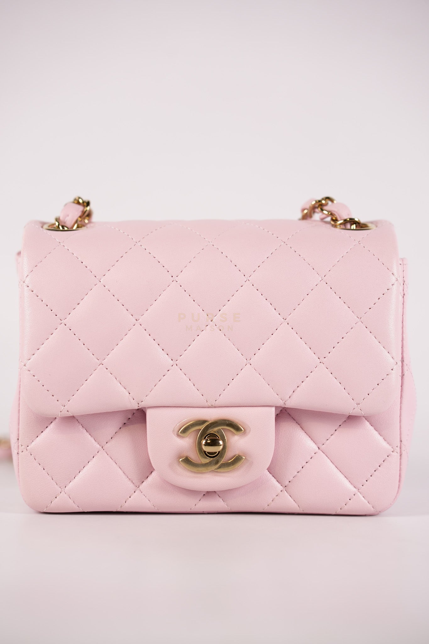 Mini Square in Pink Lambskin Leather Gold Hardware (Microchip) | Purse Maison Luxury Bags Shop