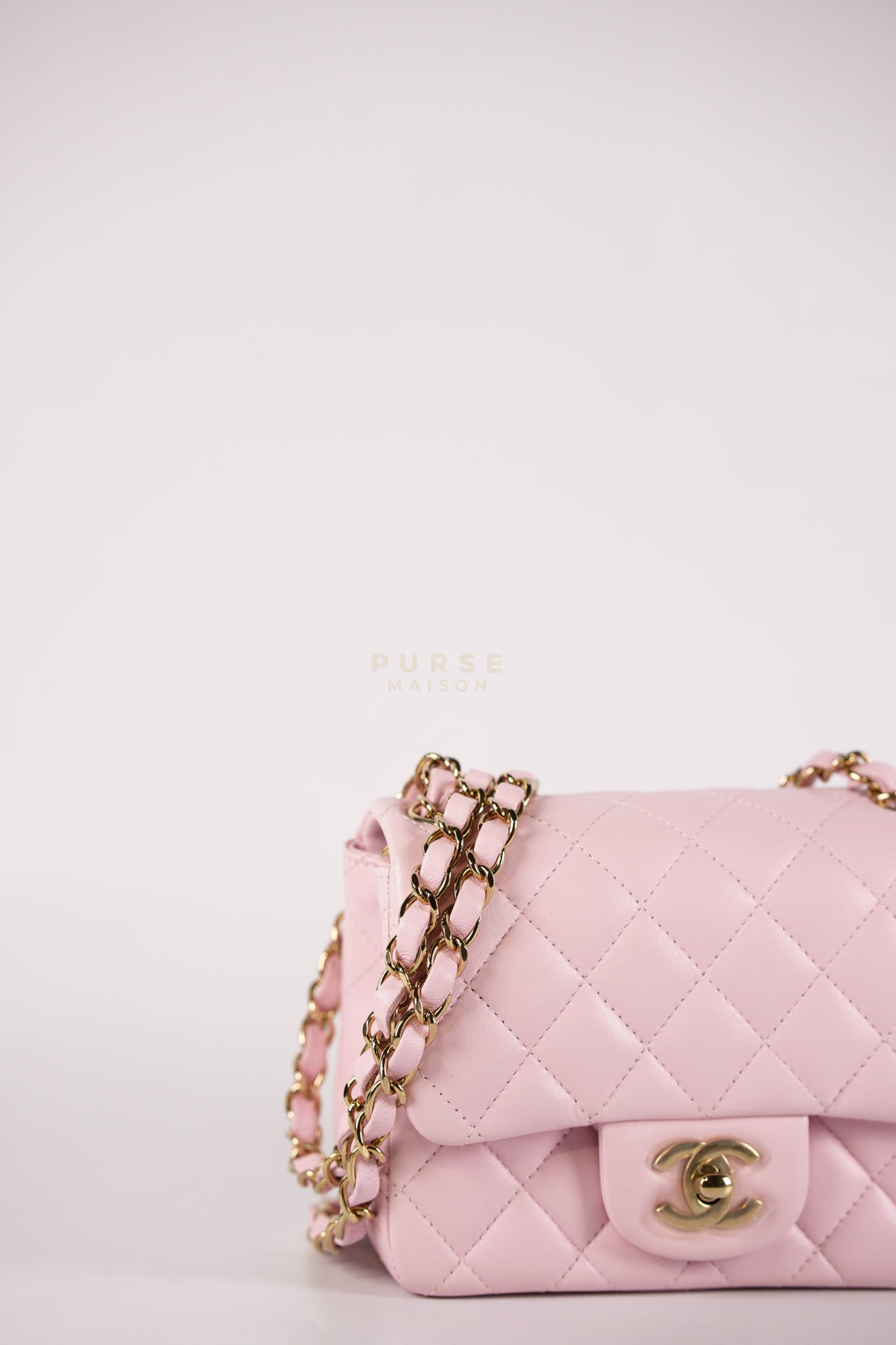 Mini Square in Pink Lambskin Leather Gold Hardware (Microchip) | Purse Maison Luxury Bags Shop