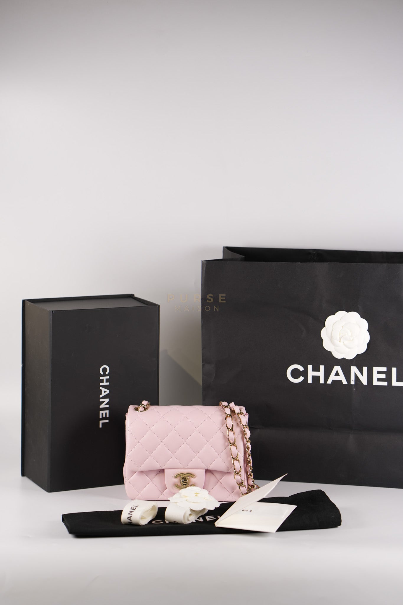 Mini Square in Pink Lambskin Leather Gold Hardware (Microchip) | Purse Maison Luxury Bags Shop