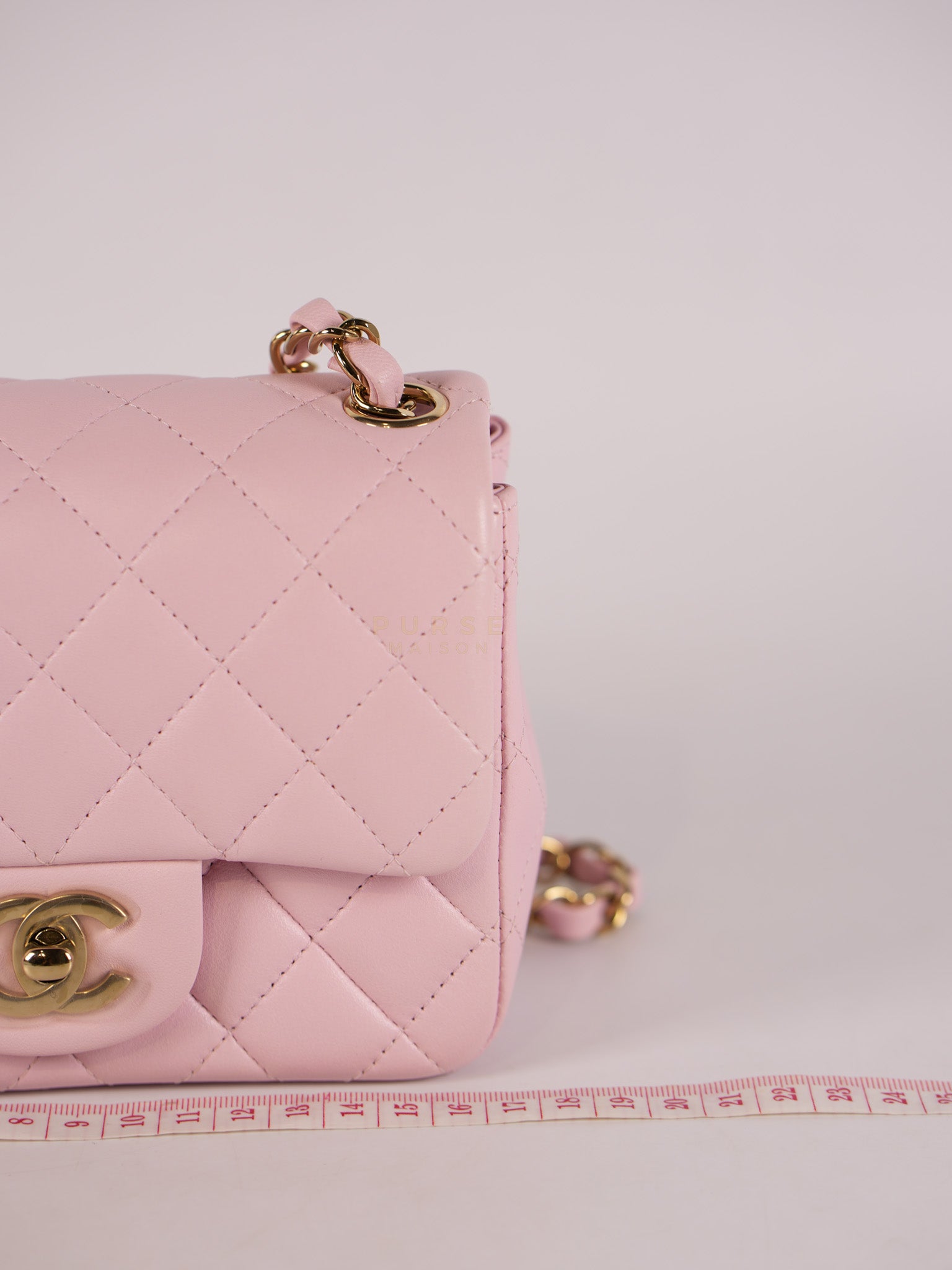 Mini Square in Pink Lambskin Leather Gold Hardware (Microchip) | Purse Maison Luxury Bags Shop