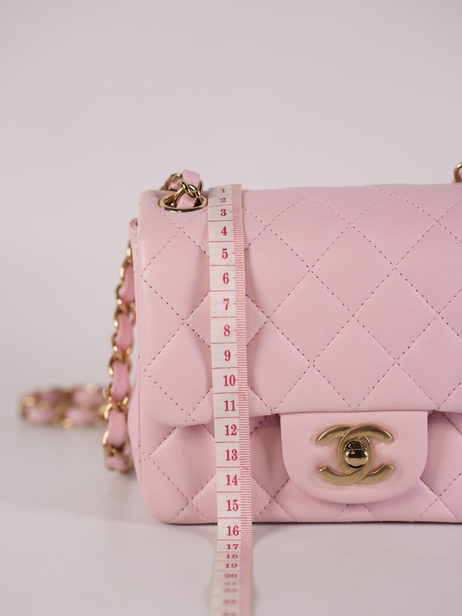 Mini Square in Pink Lambskin Leather Gold Hardware (Microchip) | Purse Maison Luxury Bags Shop