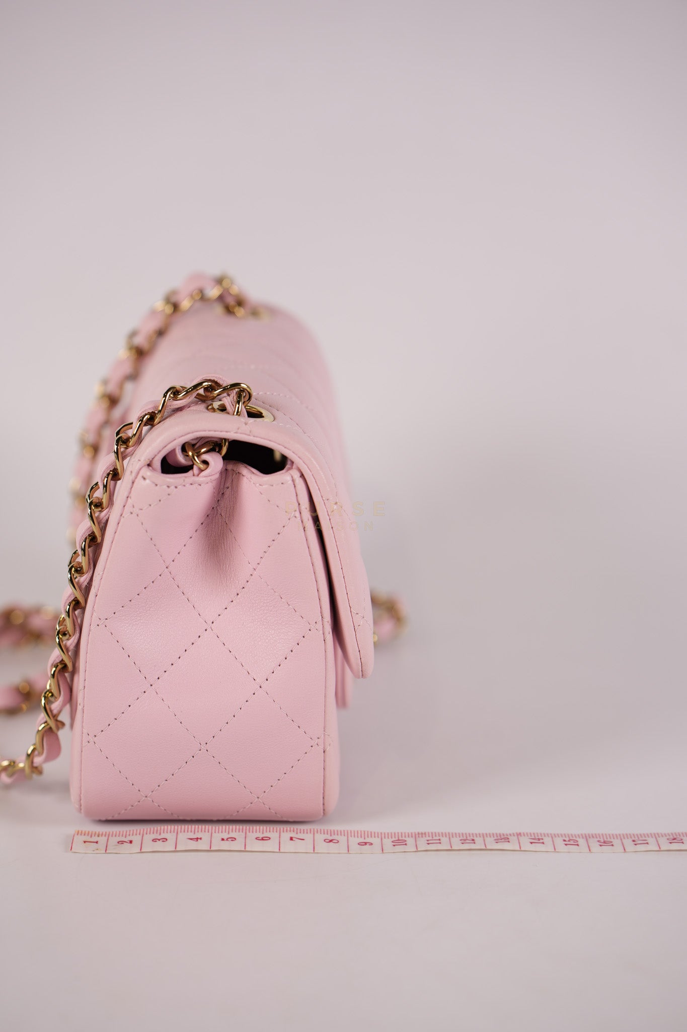 Mini Square in Pink Lambskin Leather Gold Hardware (Microchip) | Purse Maison Luxury Bags Shop