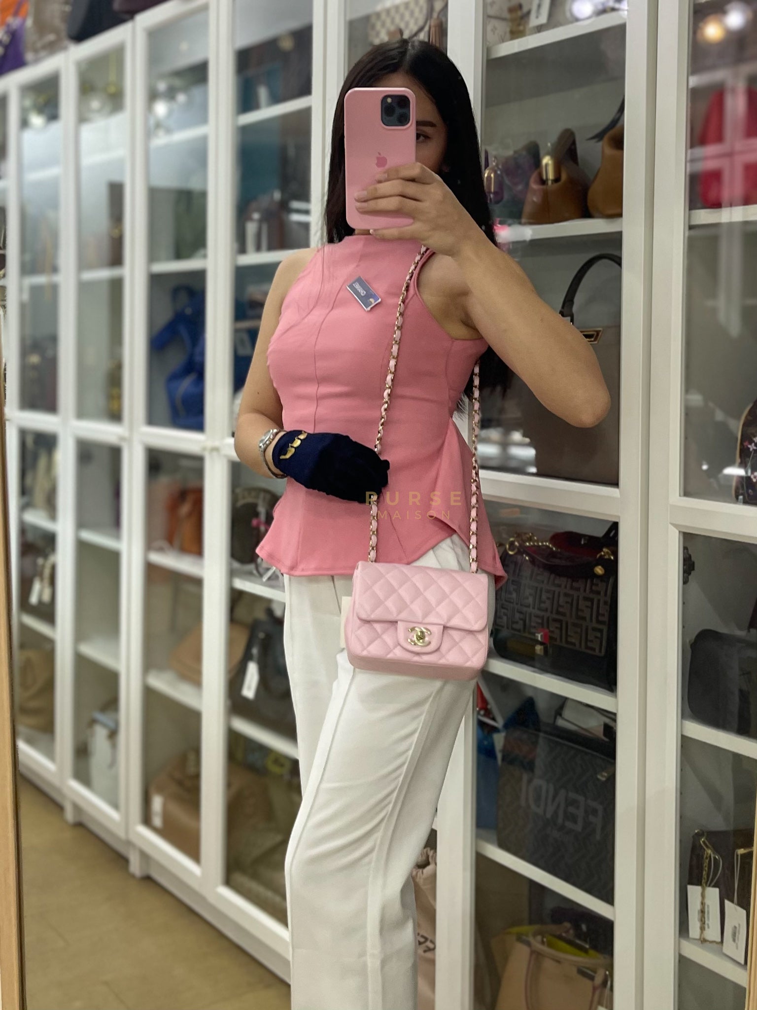 Mini Square in Pink Lambskin Leather Gold Hardware (Microchip) | Purse Maison Luxury Bags Shop