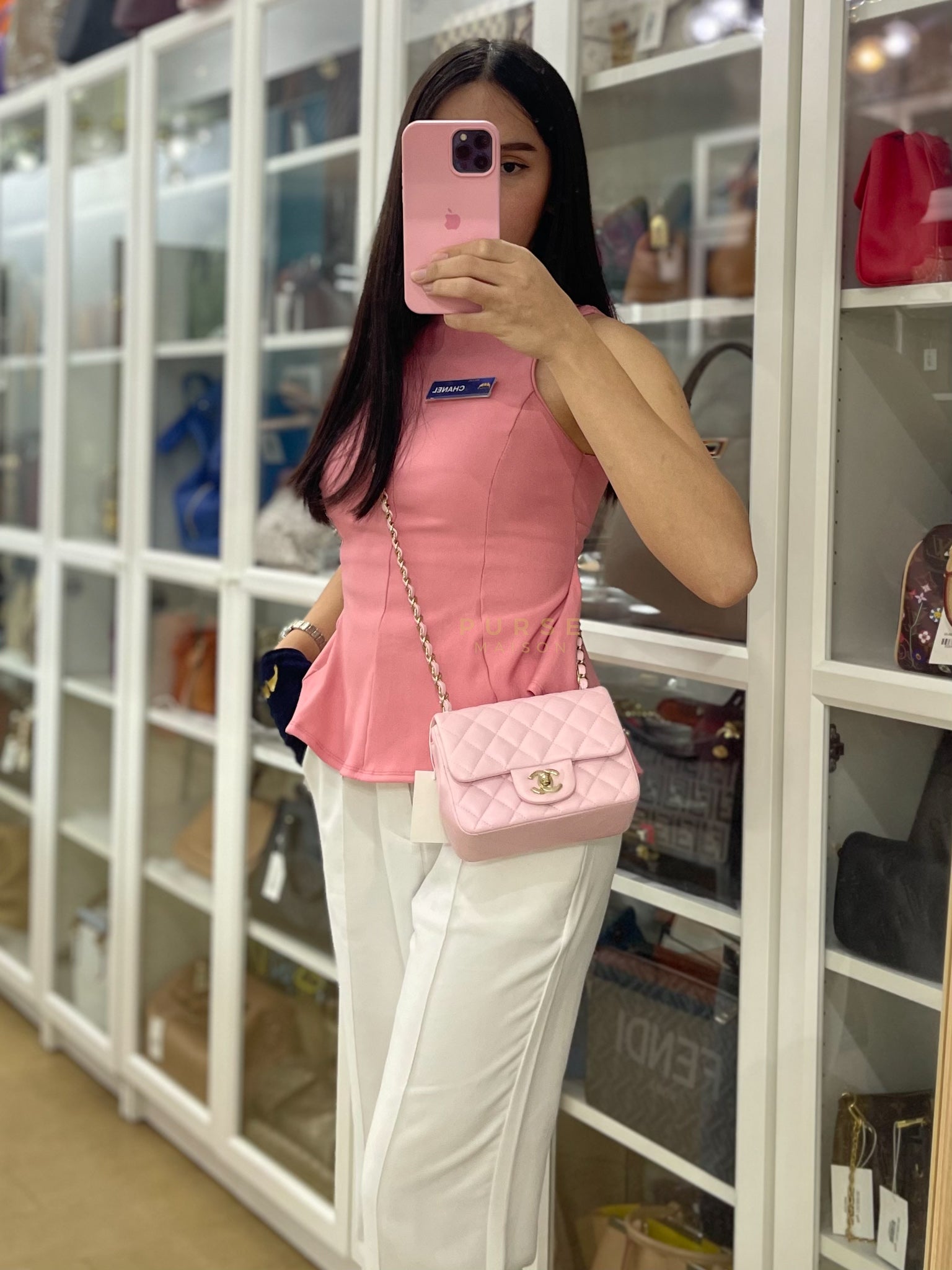 Mini Square in Pink Lambskin Leather Gold Hardware (Microchip) | Purse Maison Luxury Bags Shop