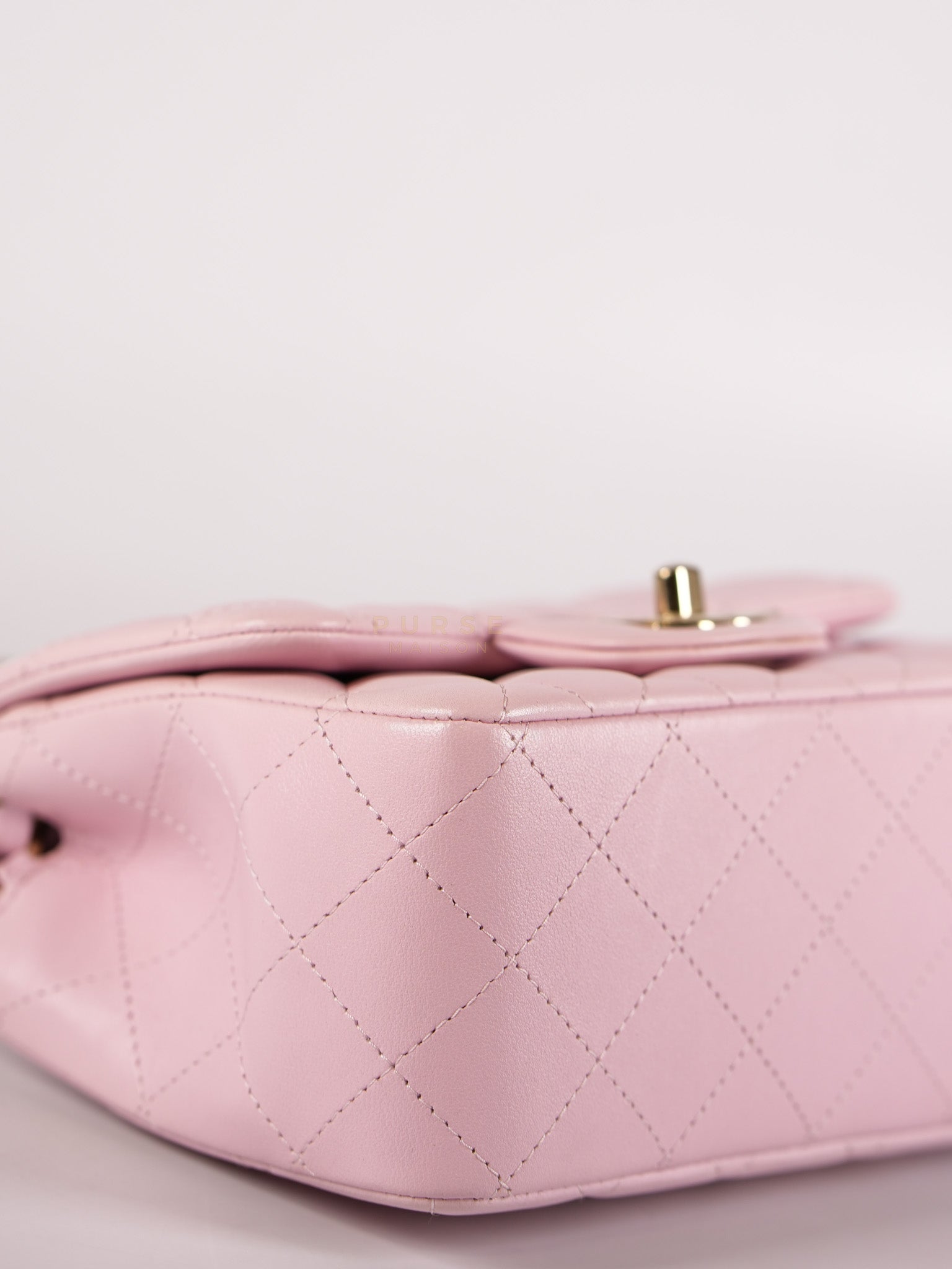 Mini Square in Pink Lambskin Leather Gold Hardware (Microchip) | Purse Maison Luxury Bags Shop