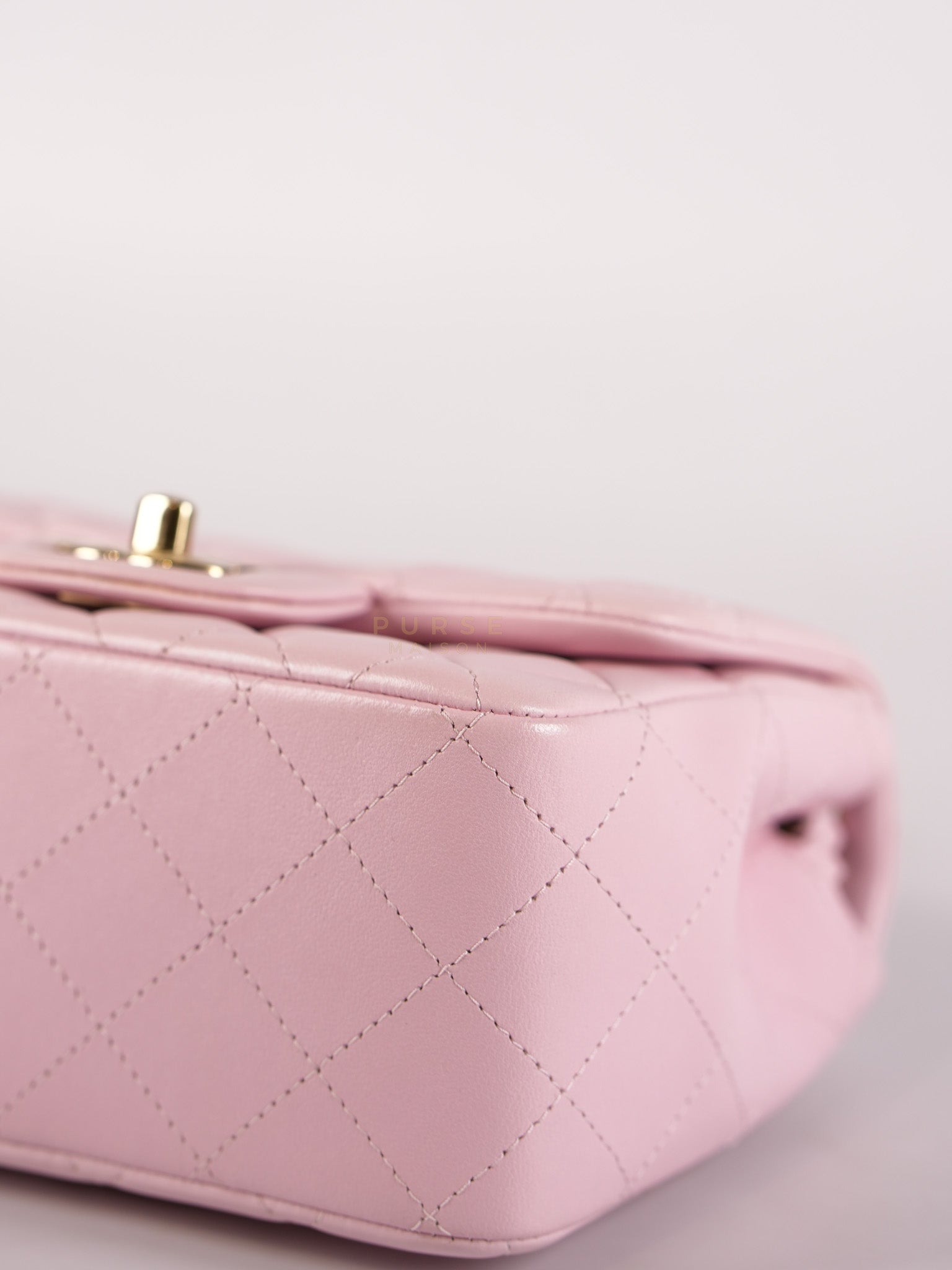 Mini Square in Pink Lambskin Leather Gold Hardware (Microchip) | Purse Maison Luxury Bags Shop