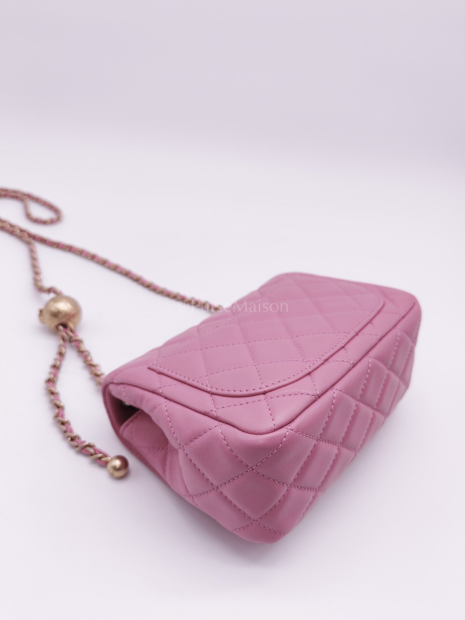 Mini Square Pearl Crush in Pink Quilted Lambskin Leather and Aged Gold Hardware Series 30 | Purse Maison Luxury Bags Shop