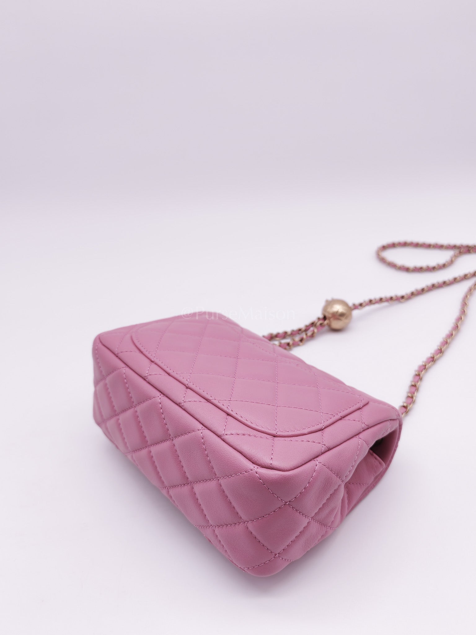 Mini Square Pearl Crush in Pink Quilted Lambskin Leather and Aged Gold Hardware Series 30 | Purse Maison Luxury Bags Shop