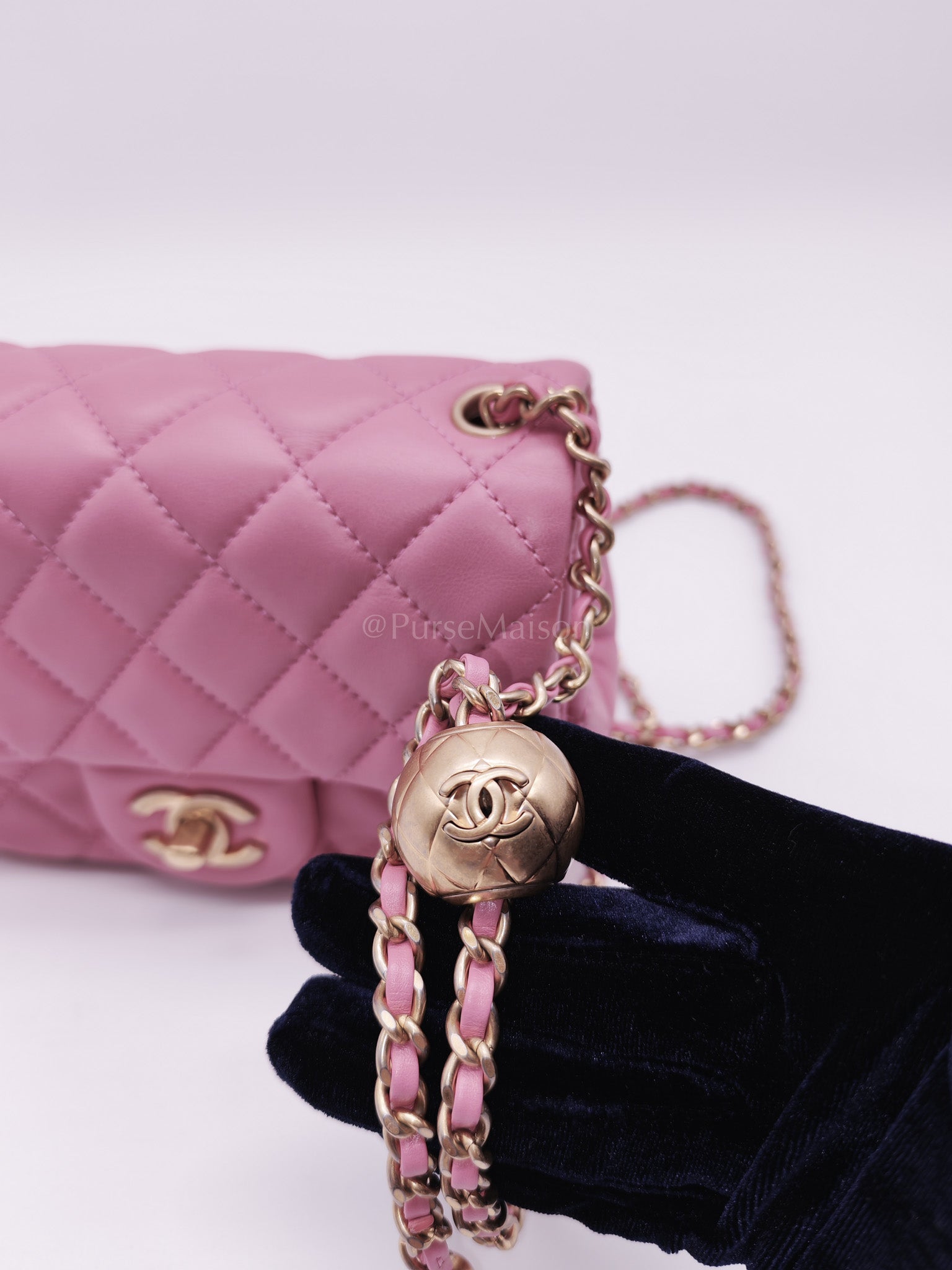 Mini Square Pearl Crush in Pink Quilted Lambskin Leather and Aged Gold Hardware Series 30 | Purse Maison Luxury Bags Shop