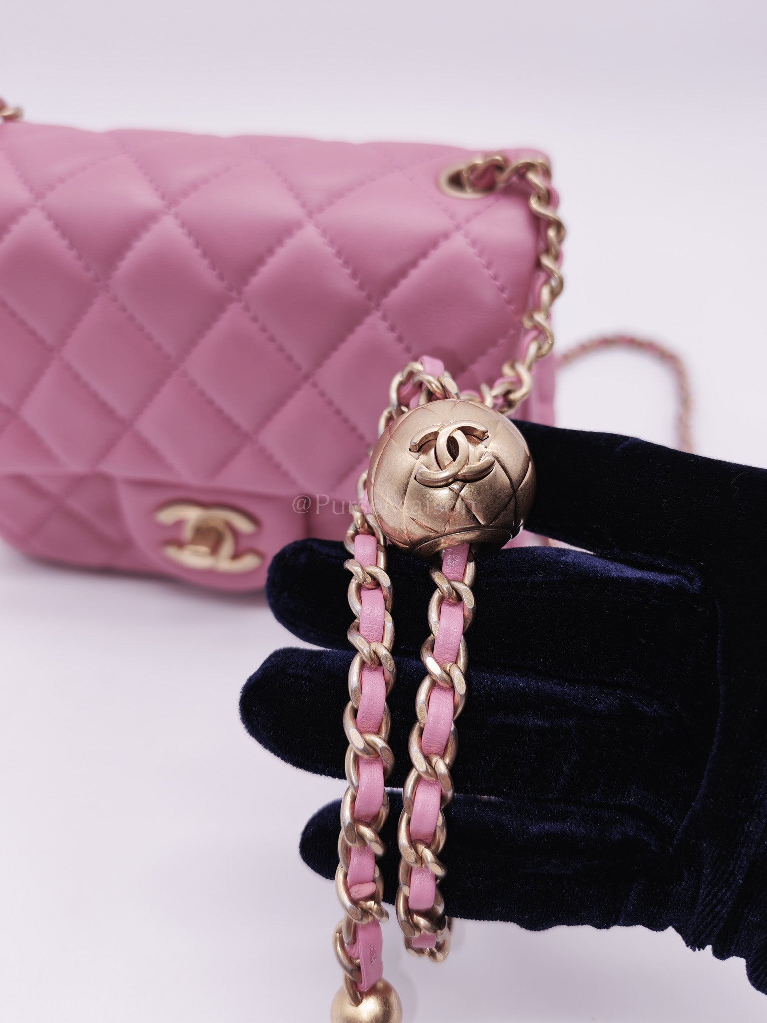 Mini Square Pearl Crush in Pink Quilted Lambskin Leather and Aged Gold Hardware Series 30 | Purse Maison Luxury Bags Shop