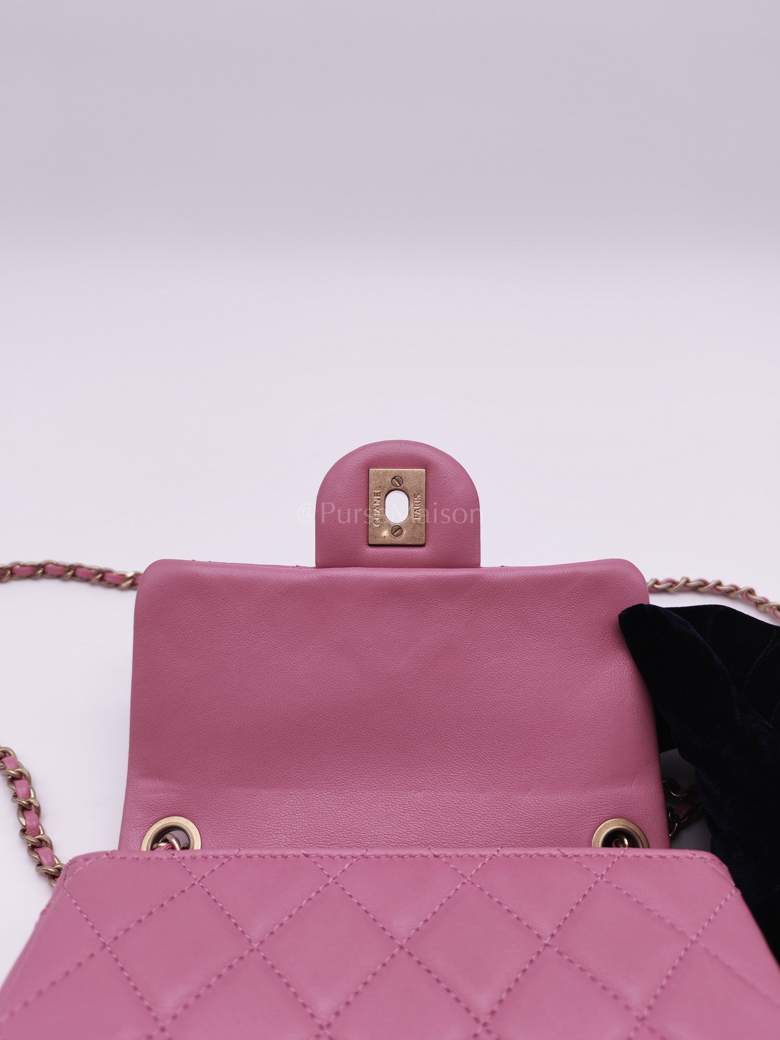 Mini Square Pearl Crush in Pink Quilted Lambskin Leather and Aged Gold Hardware Series 30 | Purse Maison Luxury Bags Shop