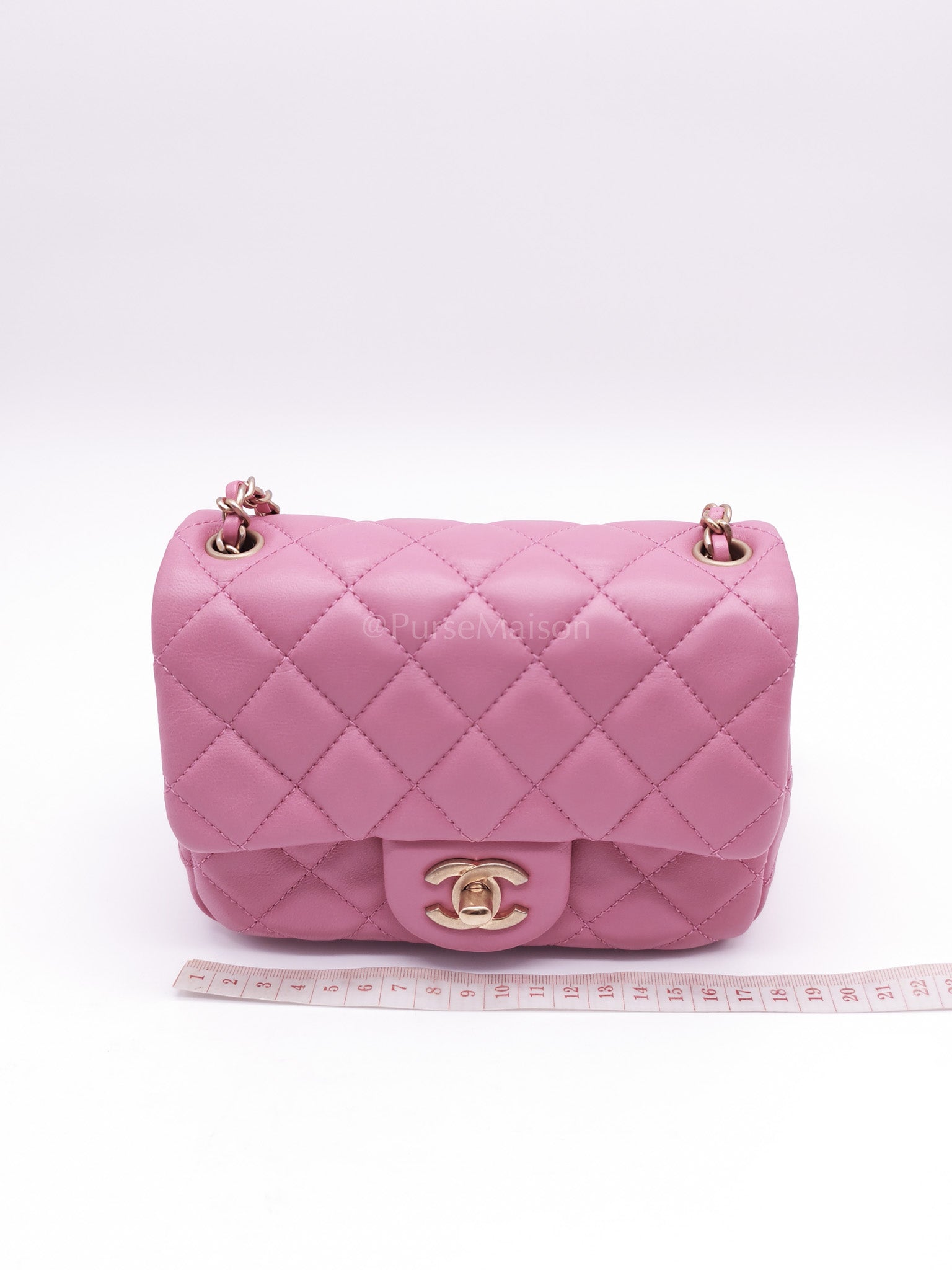 Mini Square Pearl Crush in Pink Quilted Lambskin Leather and Aged Gold Hardware Series 30 | Purse Maison Luxury Bags Shop