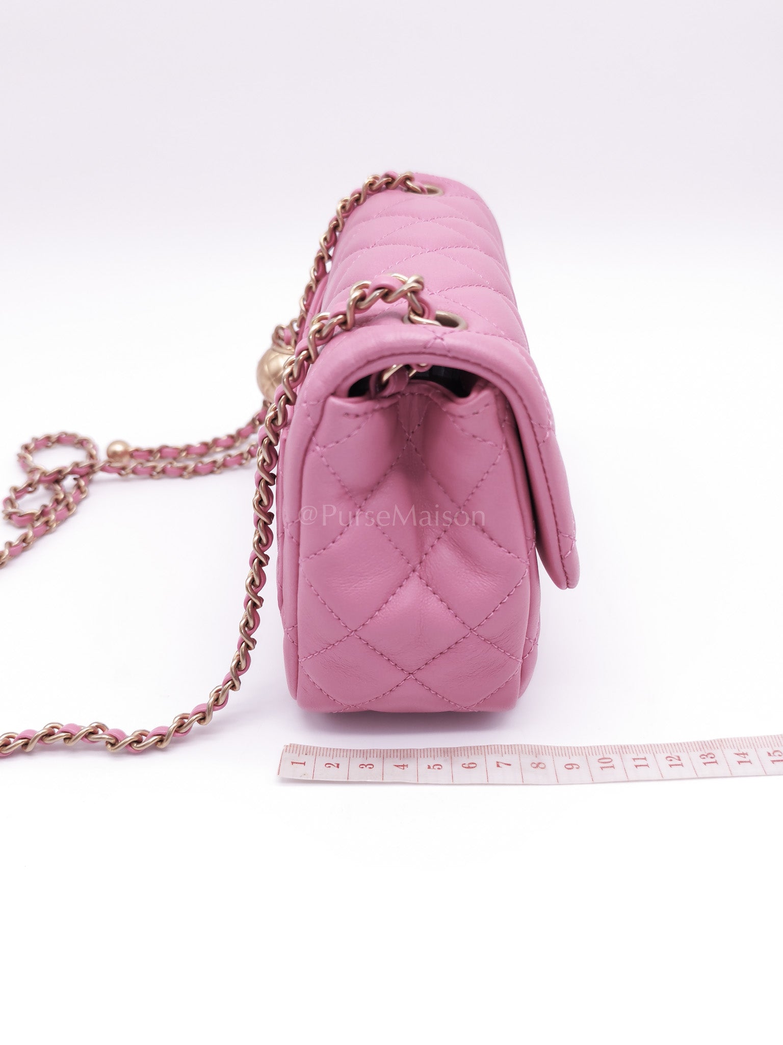 Mini Square Pearl Crush in Pink Quilted Lambskin Leather and Aged Gold Hardware Series 30 | Purse Maison Luxury Bags Shop