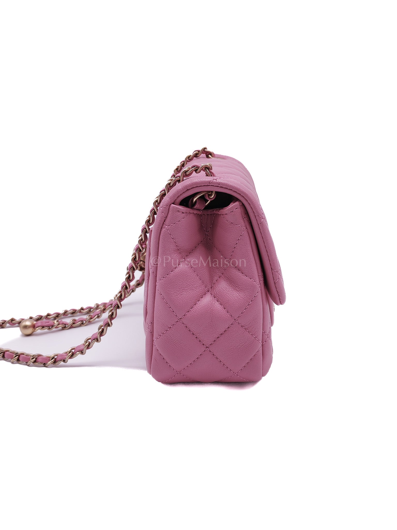 Mini Square Pearl Crush in Pink Quilted Lambskin Leather and Aged Gold Hardware Series 30 | Purse Maison Luxury Bags Shop