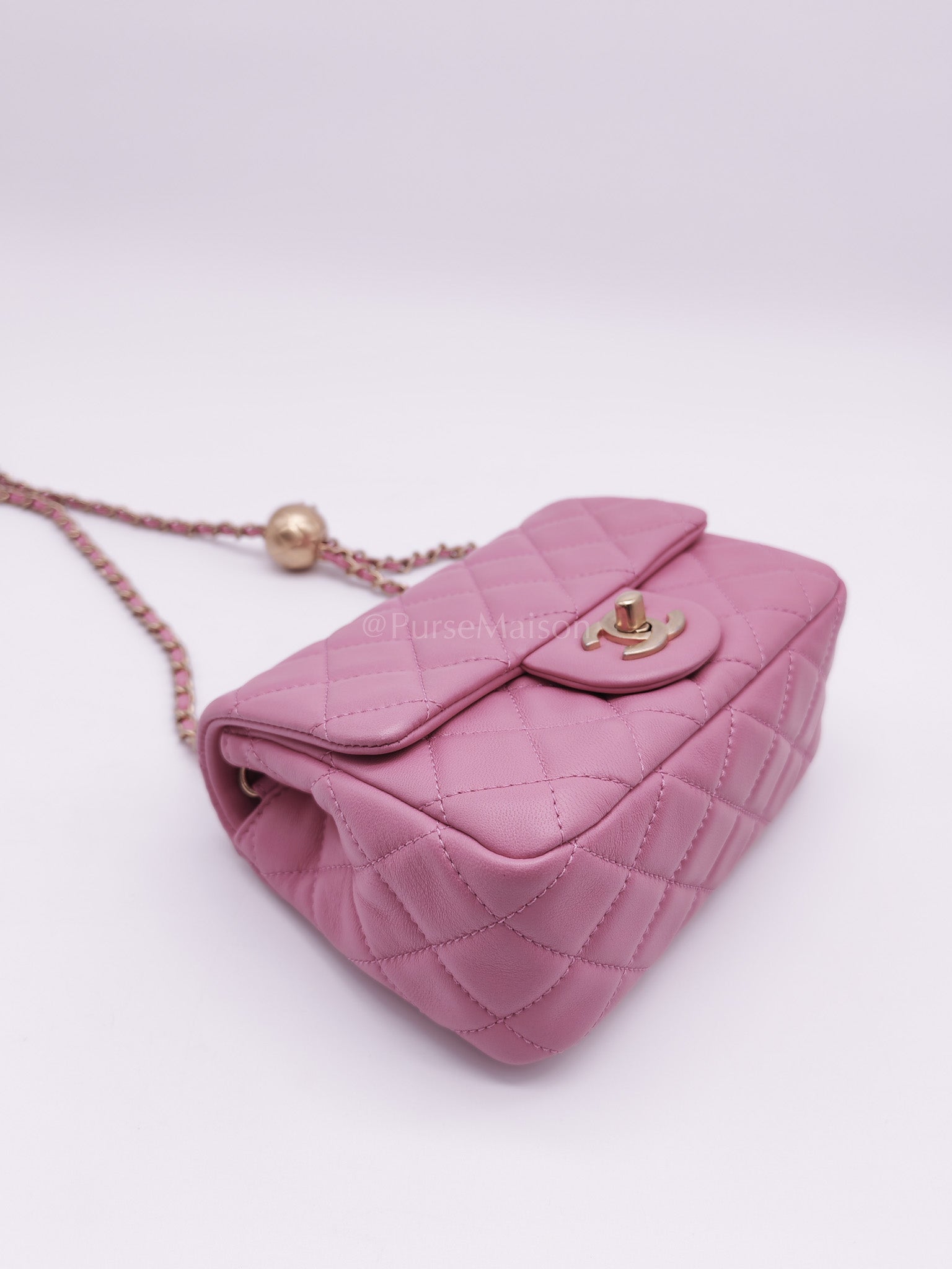 Mini Square Pearl Crush in Pink Quilted Lambskin Leather and Aged Gold Hardware Series 30 | Purse Maison Luxury Bags Shop