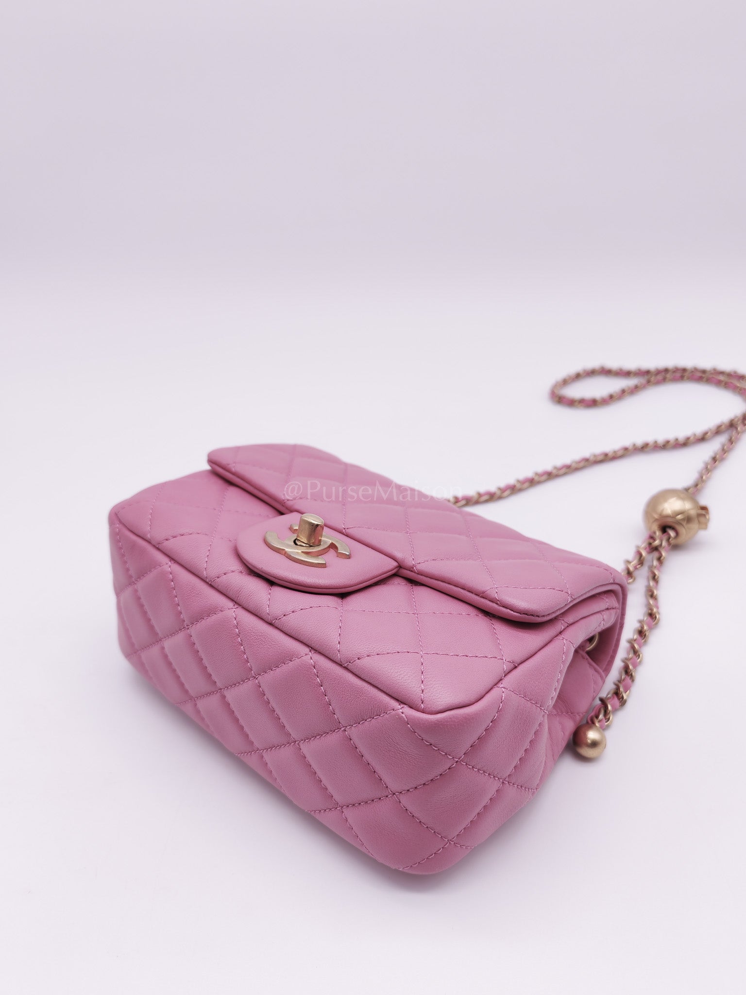 Mini Square Pearl Crush in Pink Quilted Lambskin Leather and Aged Gold Hardware Series 30 | Purse Maison Luxury Bags Shop