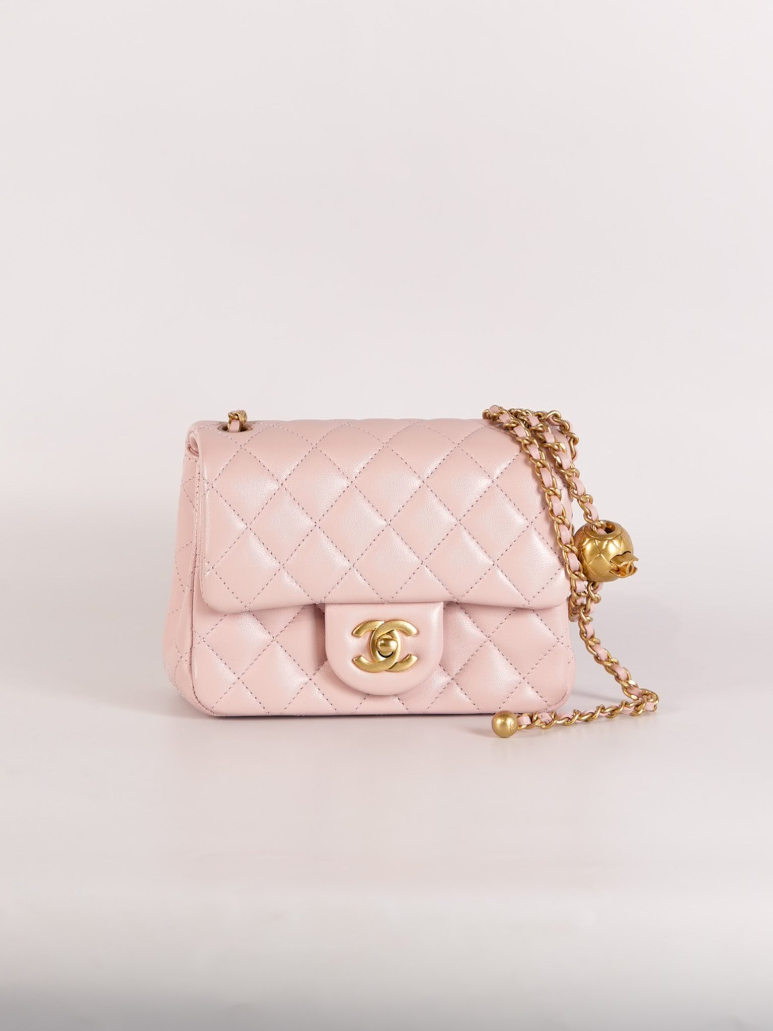 Mini Square Pearl Crush in Sakura Pink Lambskin Leather and Aged Gold Hardware (Microchip) | Purse Maison Luxury Bags Shop