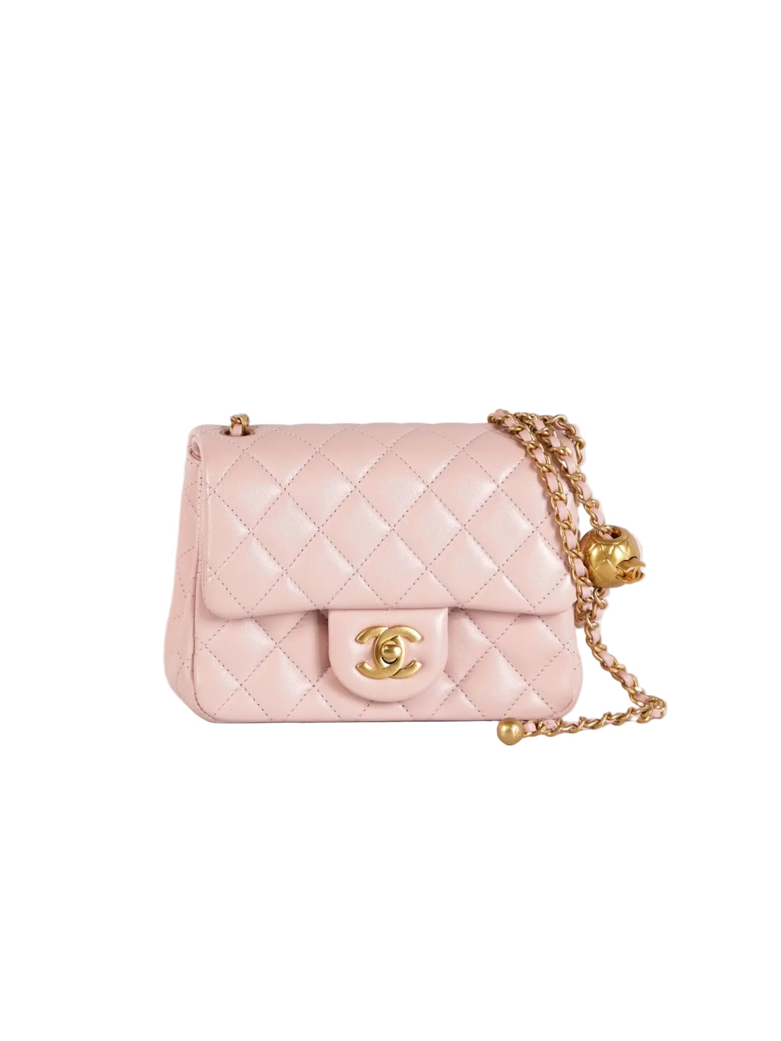 Mini Square Pearl Crush in Sakura Pink Lambskin Leather and Aged Gold Hardware (Microchip) | Purse Maison Luxury Bags Shop