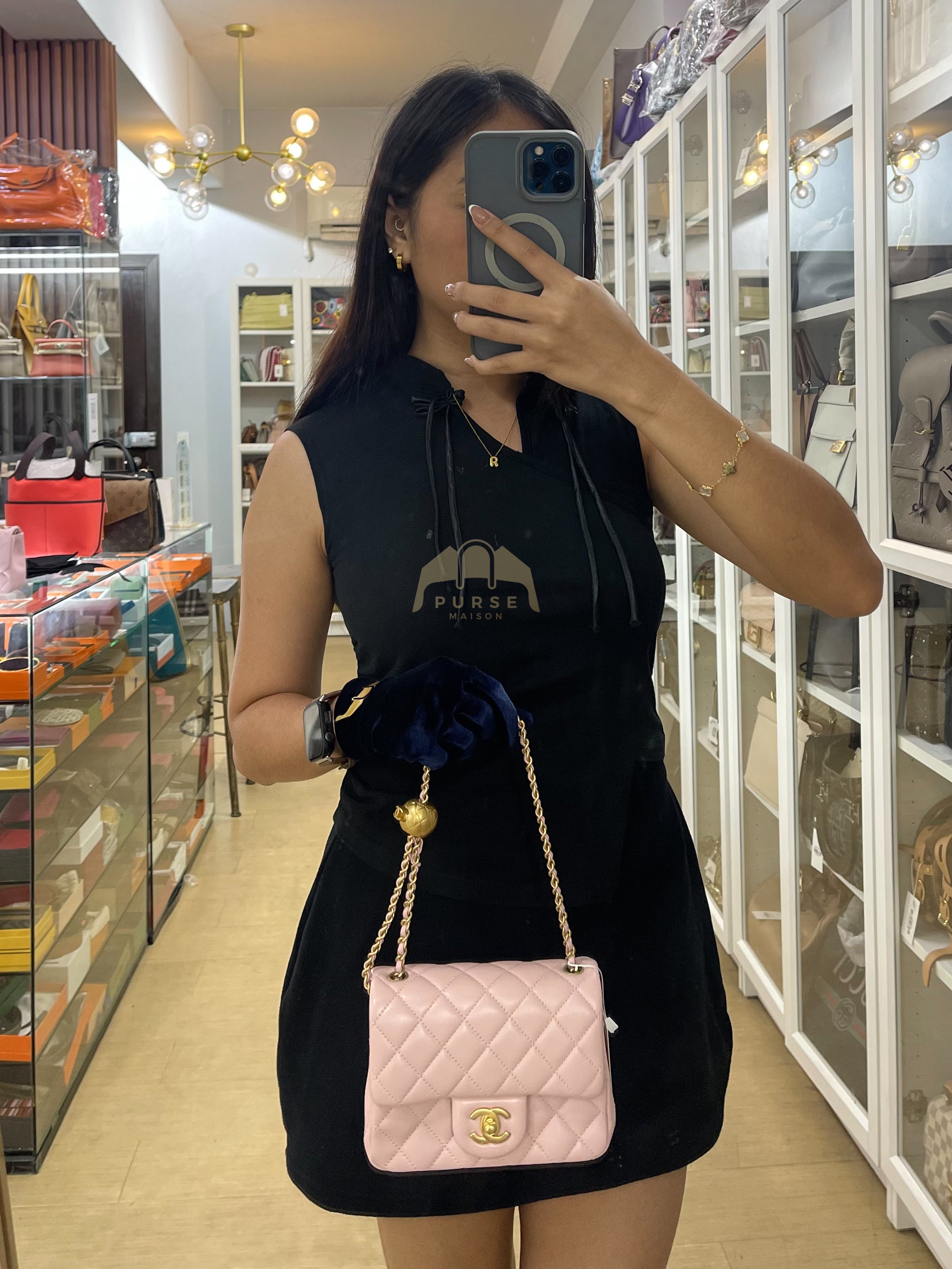 Mini Square Pearl Crush in Sakura Pink Lambskin Leather and Aged Gold Hardware (Microchip) | Purse Maison Luxury Bags Shop