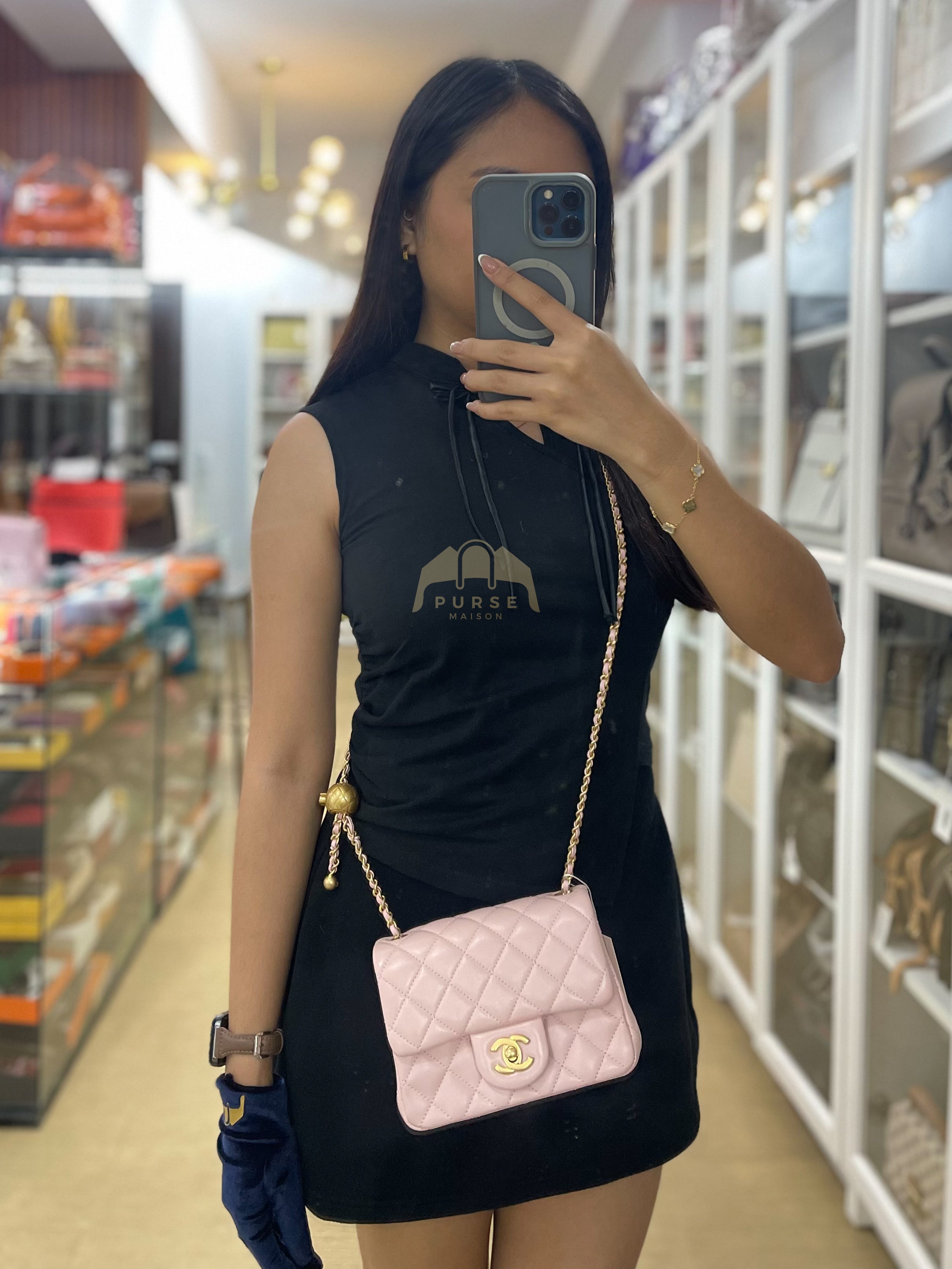 Mini Square Pearl Crush in Sakura Pink Lambskin Leather and Aged Gold Hardware (Microchip) | Purse Maison Luxury Bags Shop
