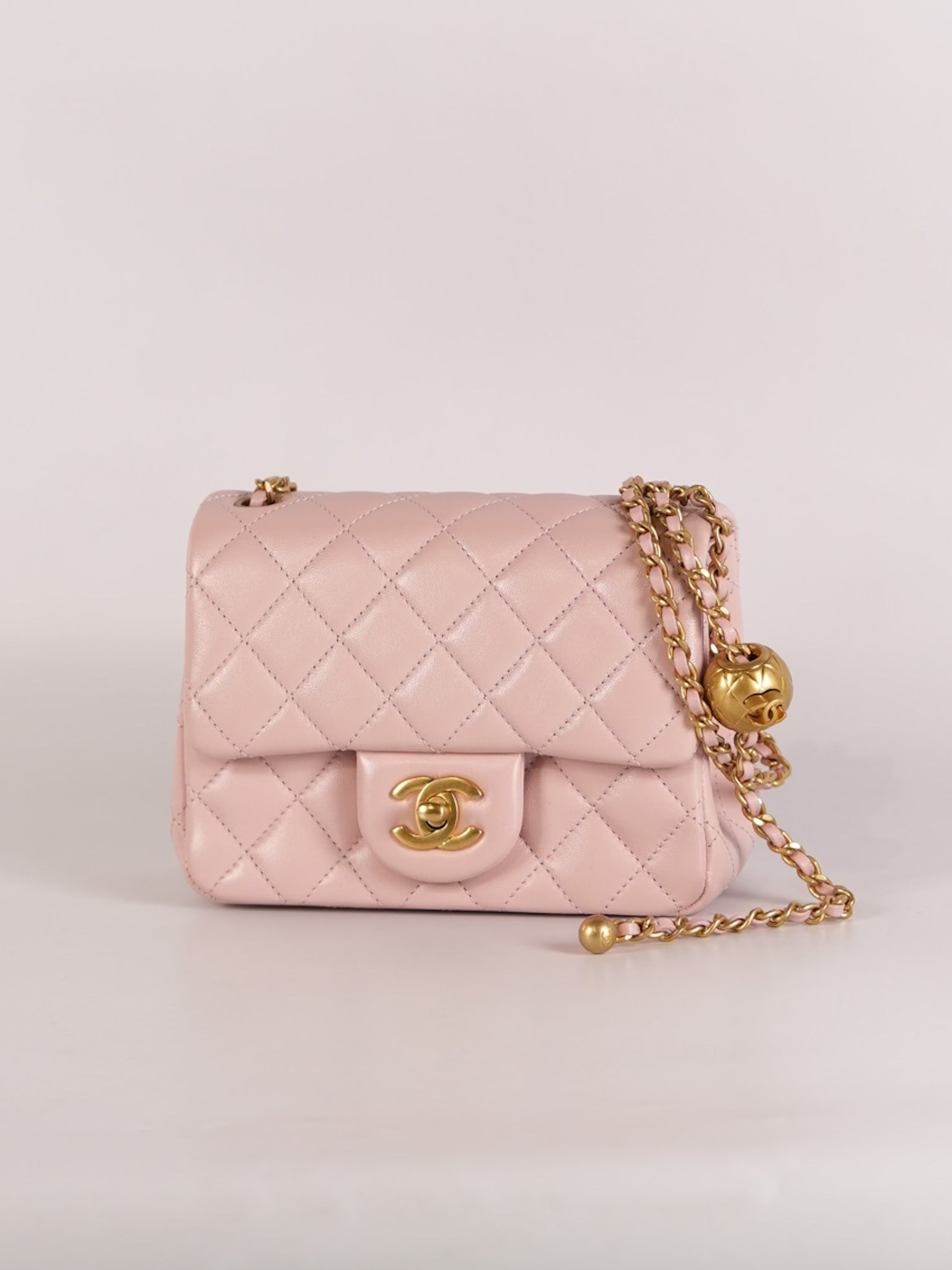 Mini Square Pearl Crush in Sakura Pink Lambskin Leather and Aged Gold Hardware (Microchip) | Purse Maison Luxury Bags Shop