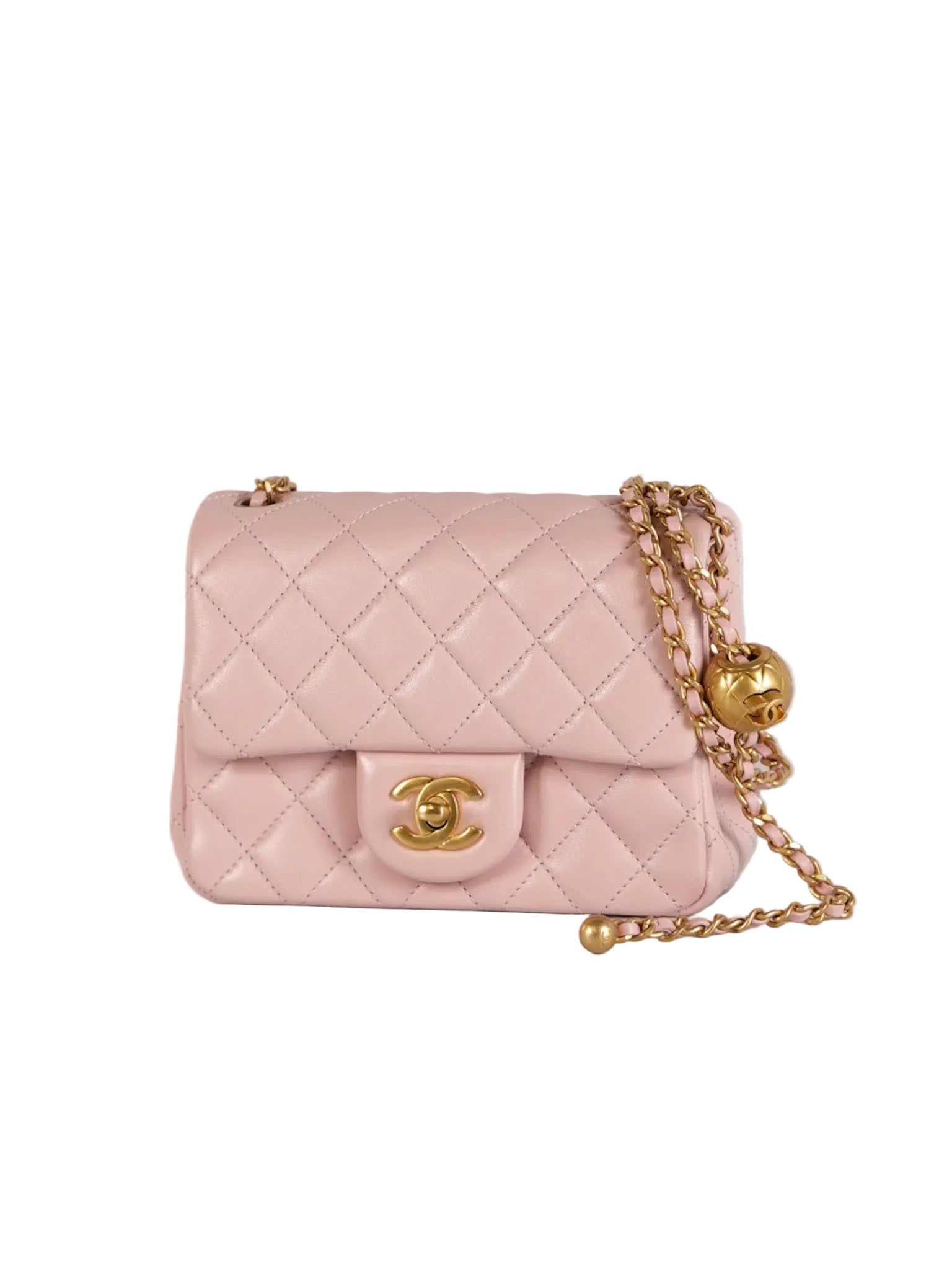 Mini Square Pearl Crush in Sakura Pink Lambskin Leather and Aged Gold Hardware (Microchip) | Purse Maison Luxury Bags Shop