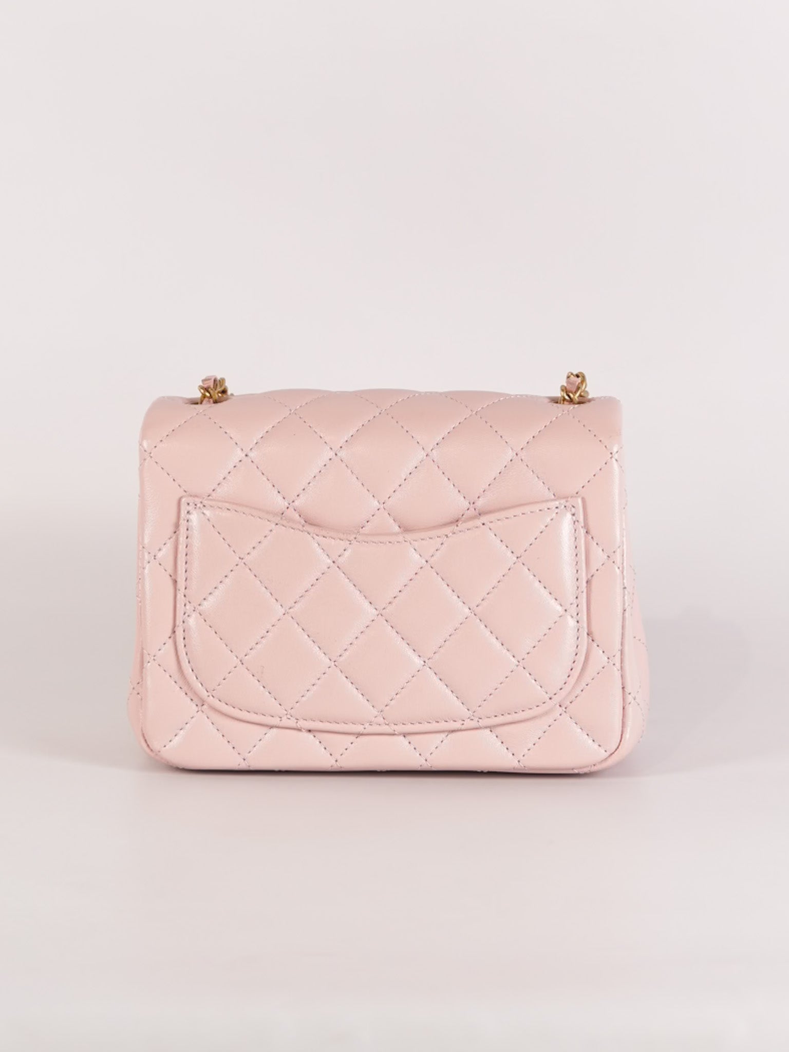 Mini Square Pearl Crush in Sakura Pink Lambskin Leather and Aged Gold Hardware (Microchip) | Purse Maison Luxury Bags Shop
