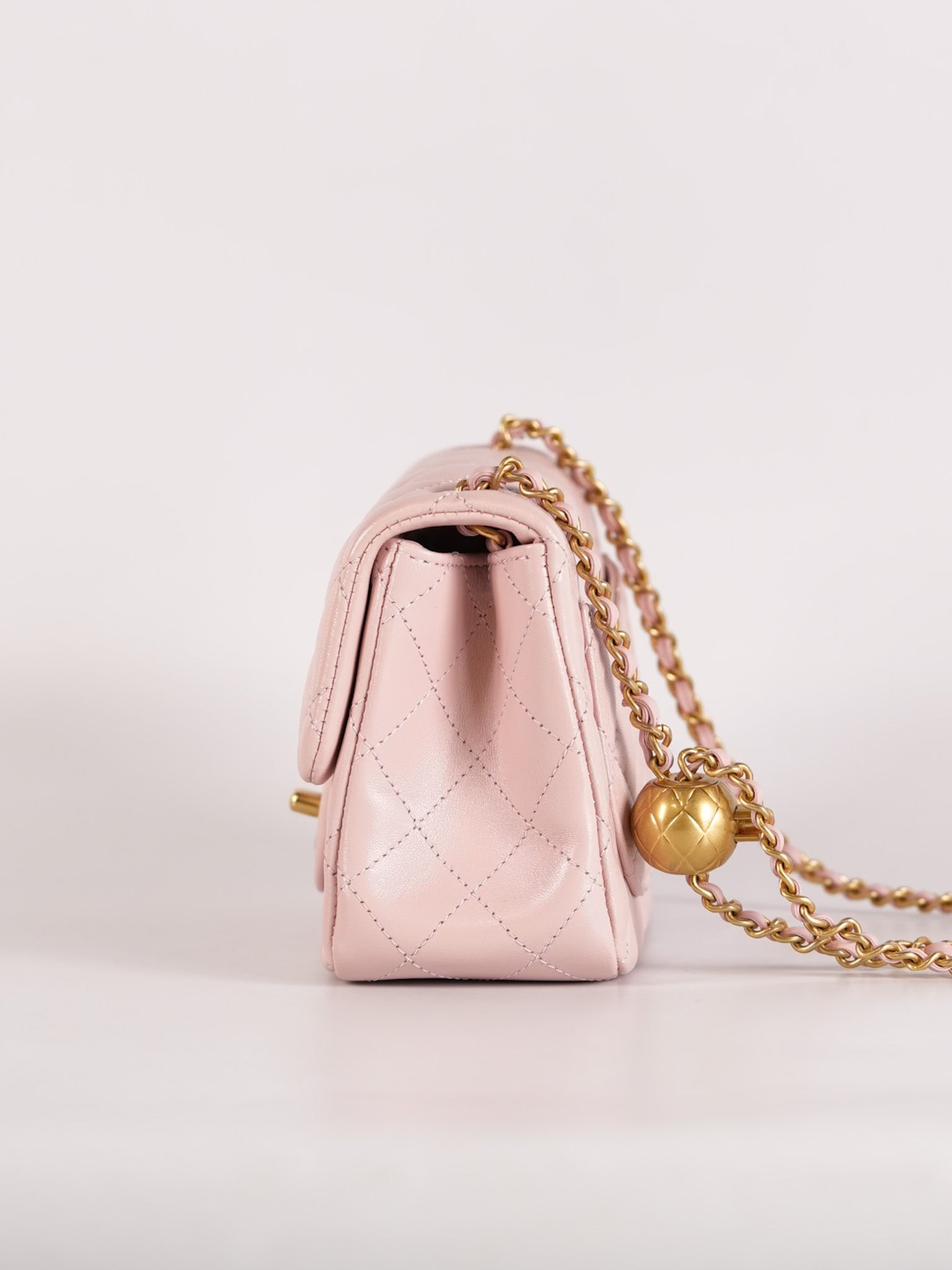 Mini Square Pearl Crush in Sakura Pink Lambskin Leather and Aged Gold Hardware (Microchip) | Purse Maison Luxury Bags Shop