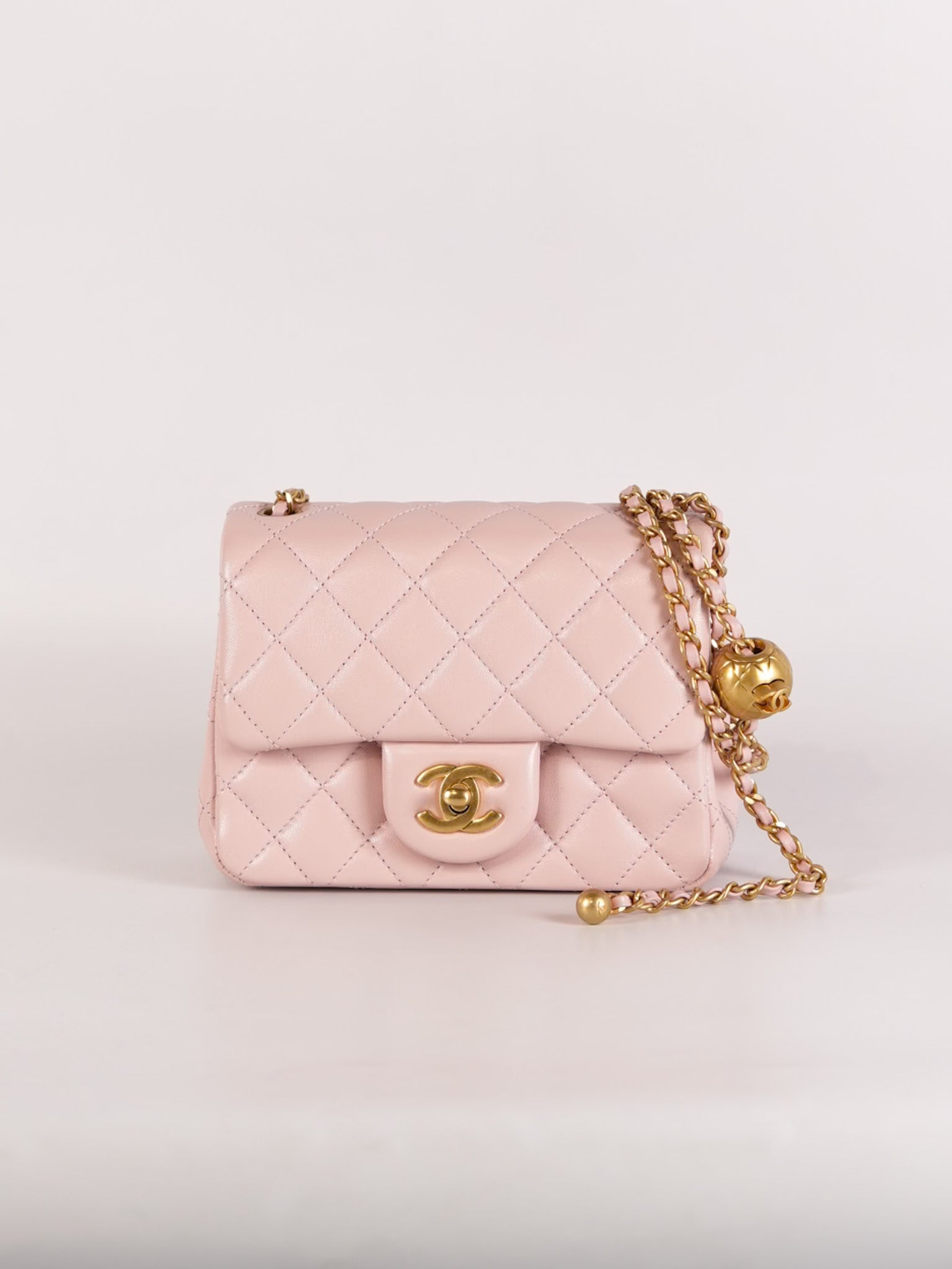 Mini Square Pearl Crush in Sakura Pink Lambskin Leather and Aged Gold Hardware (Microchip) | Purse Maison Luxury Bags Shop