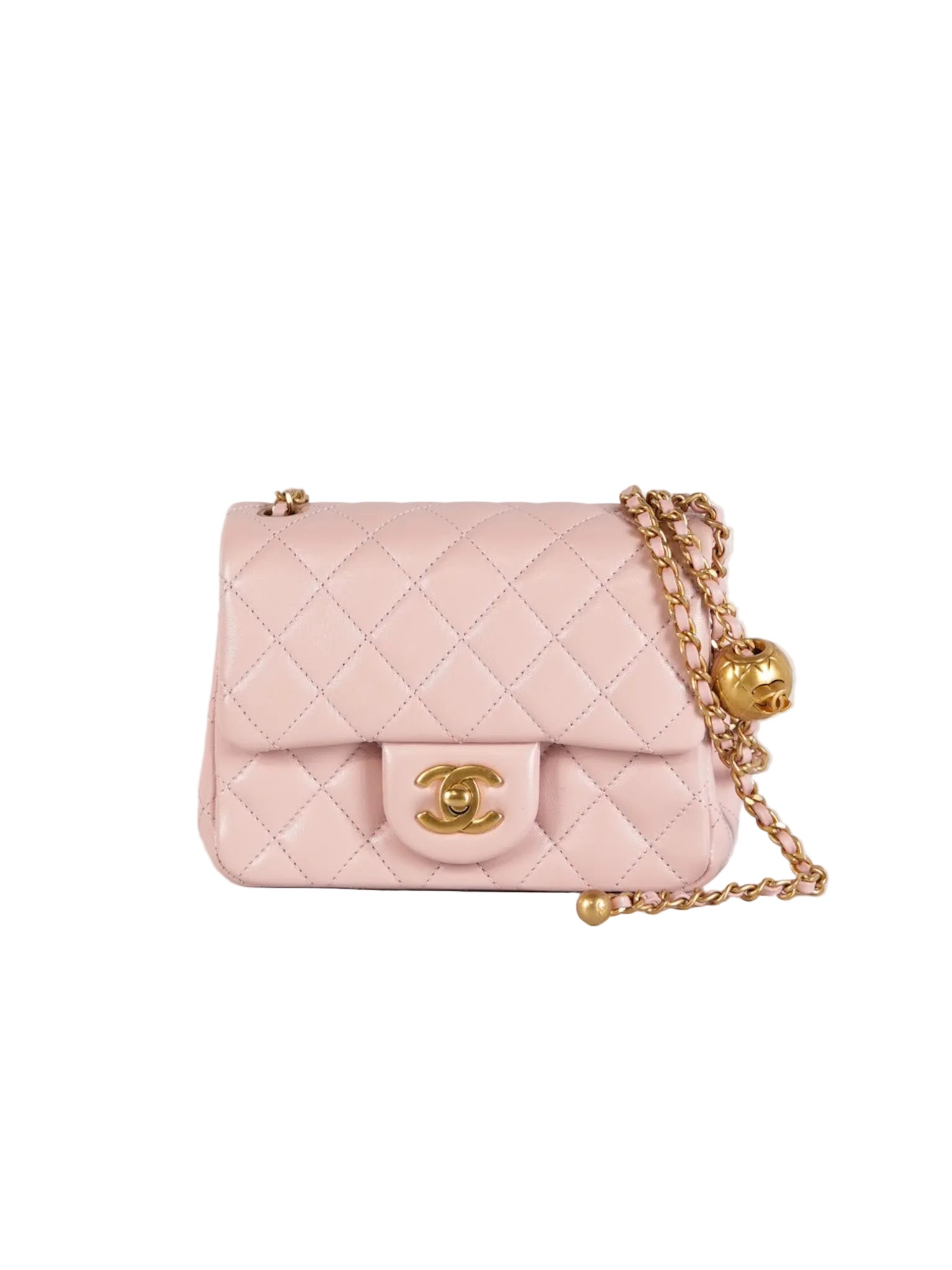 Mini Square Pearl Crush in Sakura Pink Lambskin Leather and Aged Gold Hardware (Microchip) | Purse Maison Luxury Bags Shop