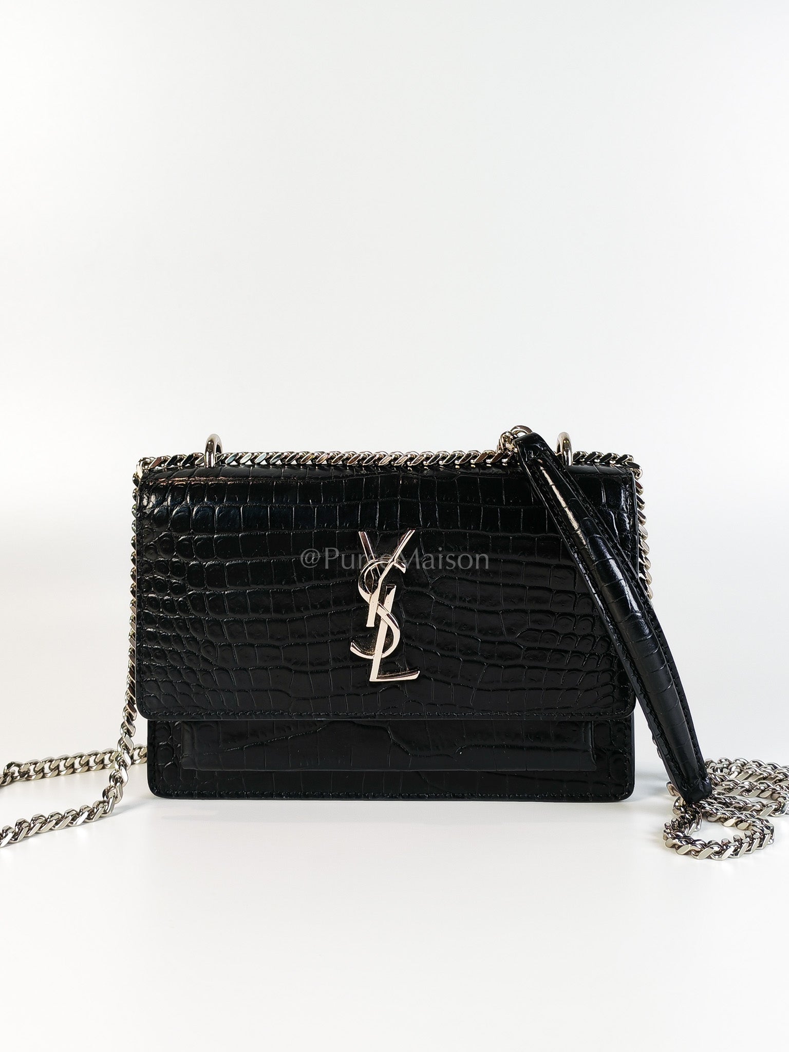 Mini Sunset Black Croc Embossed Chain Strap | Purse Maison Luxury Bags Shop