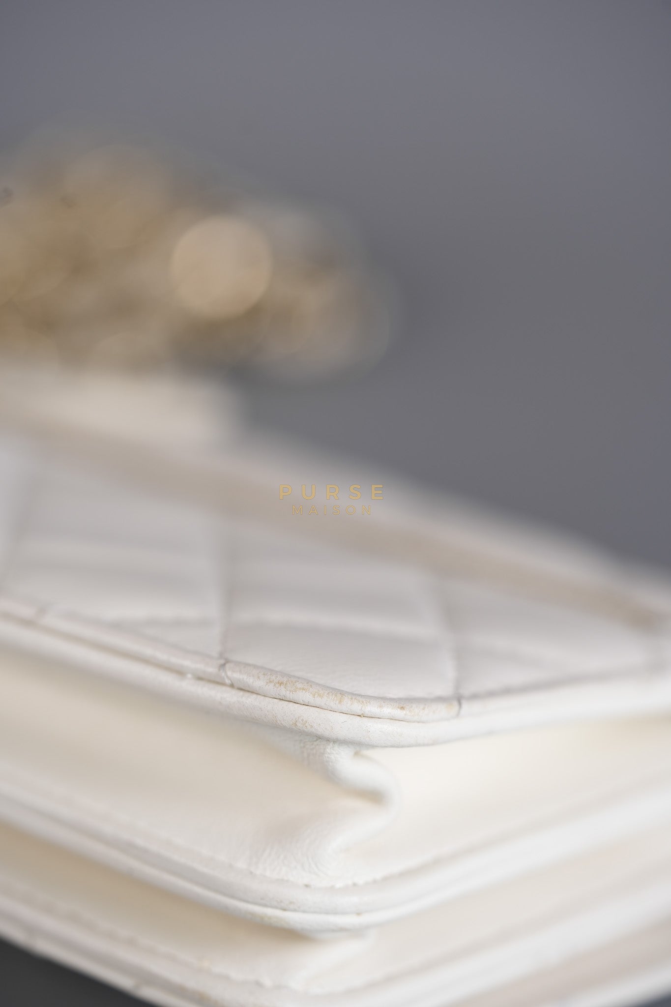 Mini Trendy CC Wallet on Chain in White Lambskin Leather and Light Gold Hardware (Microchip) | Purse Maison Luxury Bags Shop