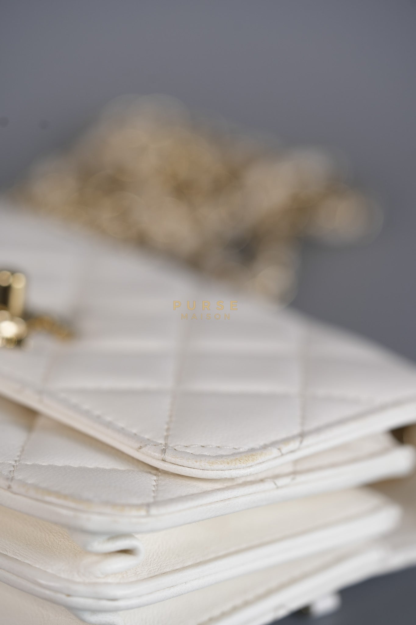 Mini Trendy CC Wallet on Chain in White Lambskin Leather and Light Gold Hardware (Microchip) | Purse Maison Luxury Bags Shop