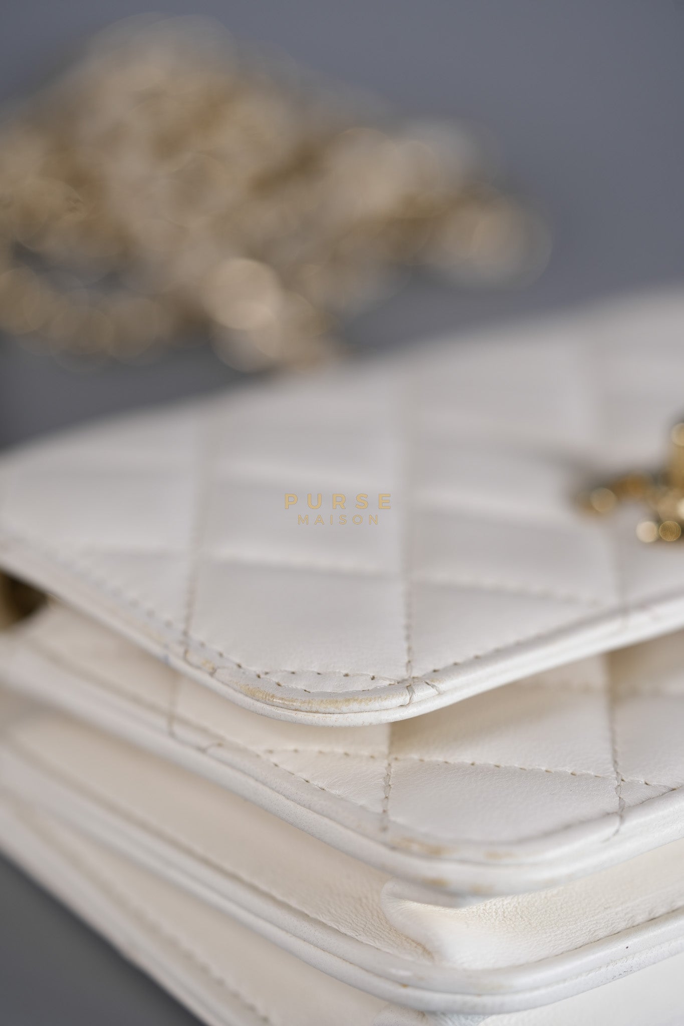 Mini Trendy CC Wallet on Chain in White Lambskin Leather and Light Gold Hardware (Microchip) | Purse Maison Luxury Bags Shop