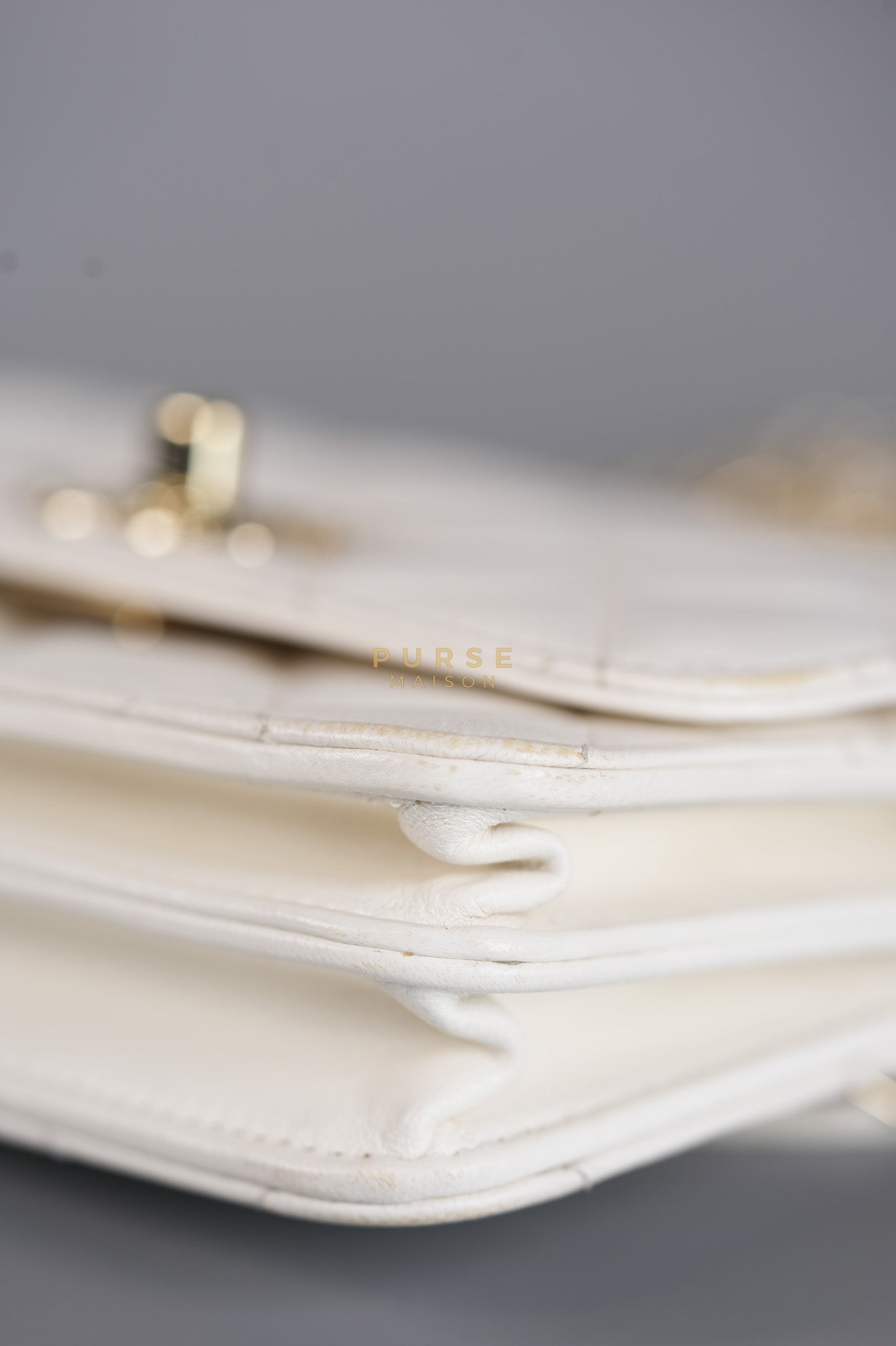 Mini Trendy CC Wallet on Chain in White Lambskin Leather and Light Gold Hardware (Microchip) | Purse Maison Luxury Bags Shop