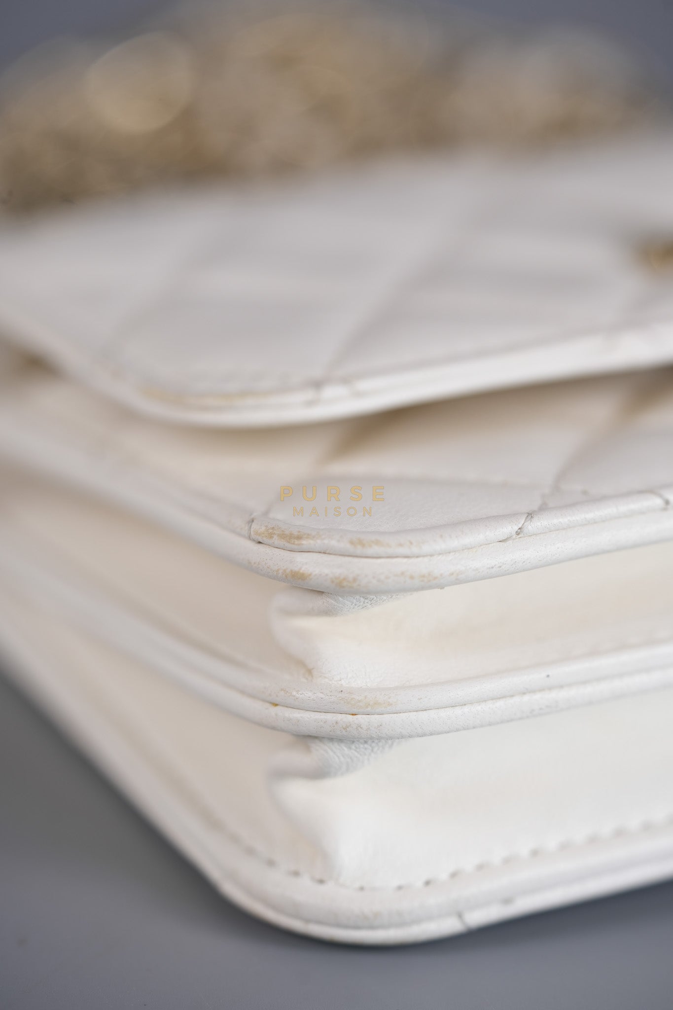 Mini Trendy CC Wallet on Chain in White Lambskin Leather and Light Gold Hardware (Microchip) | Purse Maison Luxury Bags Shop