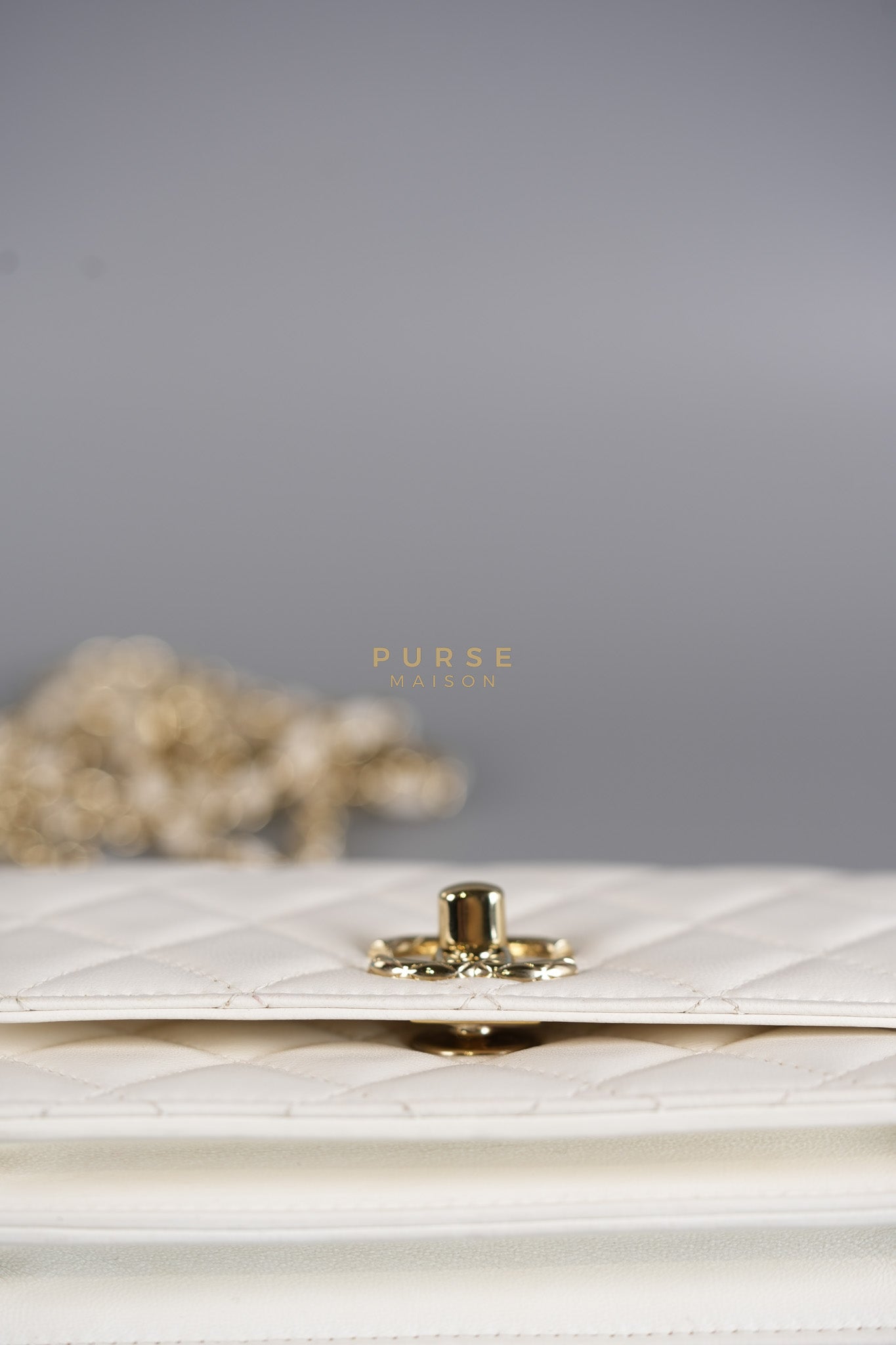 Mini Trendy CC Wallet on Chain in White Lambskin Leather and Light Gold Hardware (Microchip) | Purse Maison Luxury Bags Shop